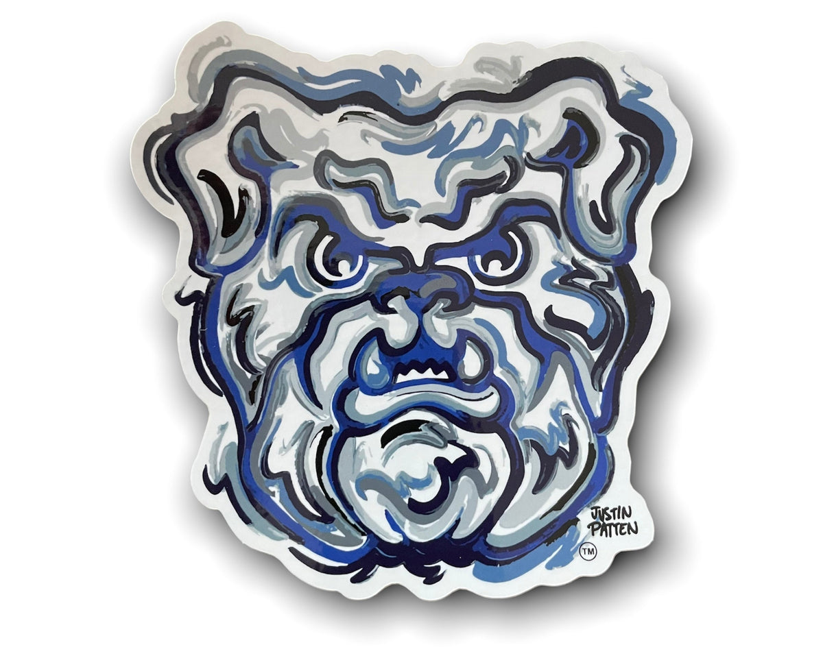Vinyl sticker featuring a blue and gray cartoon bulldog head with white border