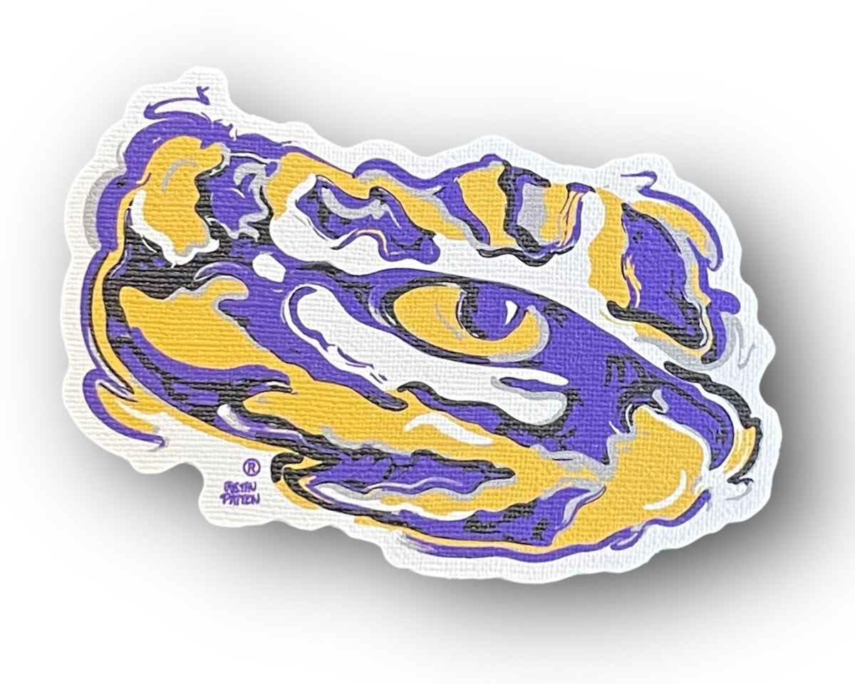 Durable tiger mascot sticker with purple-and-yellow tiger face graphic and white border