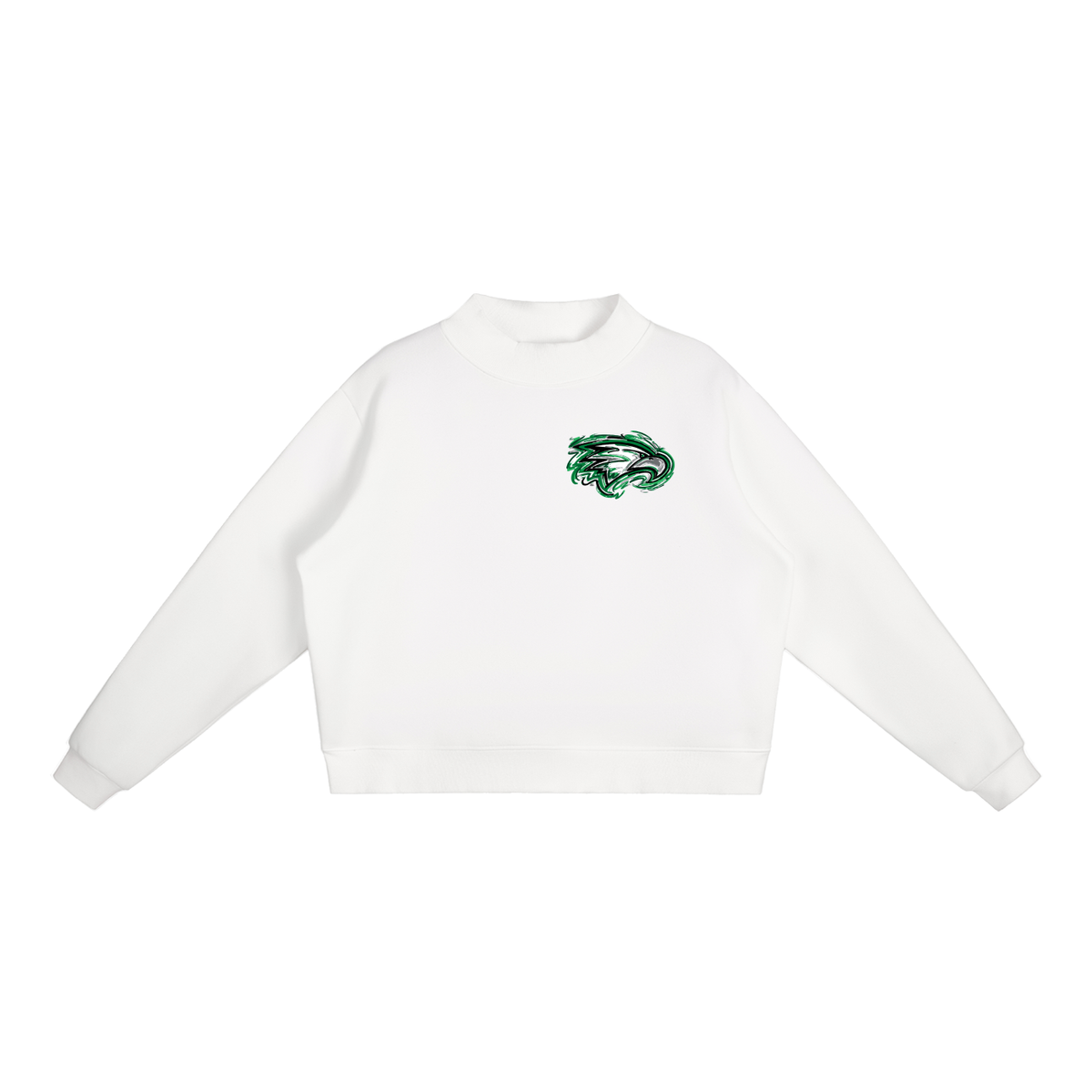 Women's fleece mock-neck crew sweatshirt in white, front logo patch