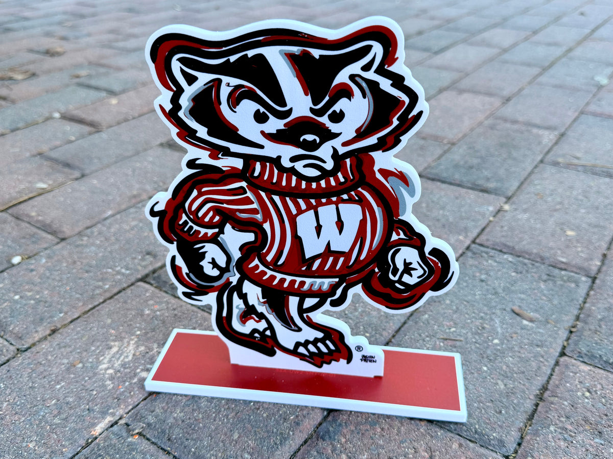 Wisconsin Badger Bucky standee showing full mascot in red-and-white stripes with red base