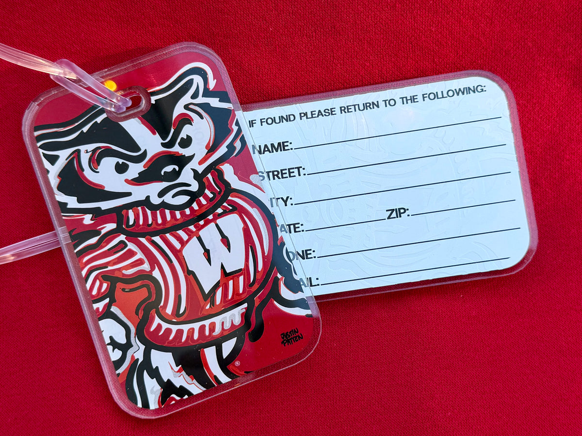 Bucky Badger luggage tag showing front mascot and blank return info label on back