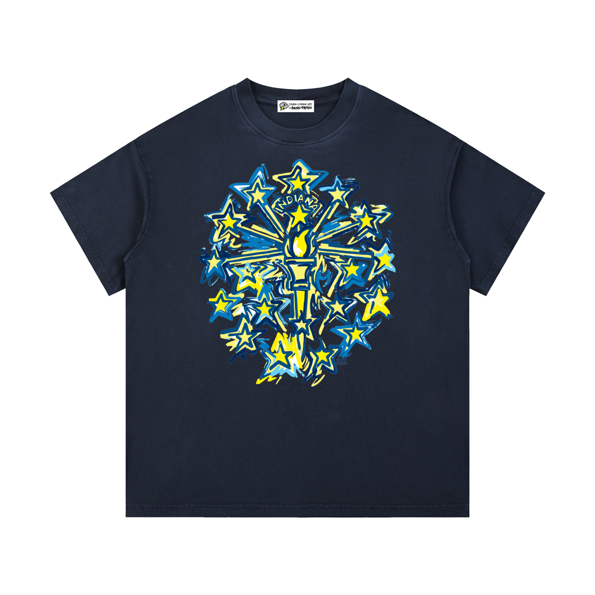 Vintage wash cotton T-shirt, navy, front Indiana flag starburst graphic.