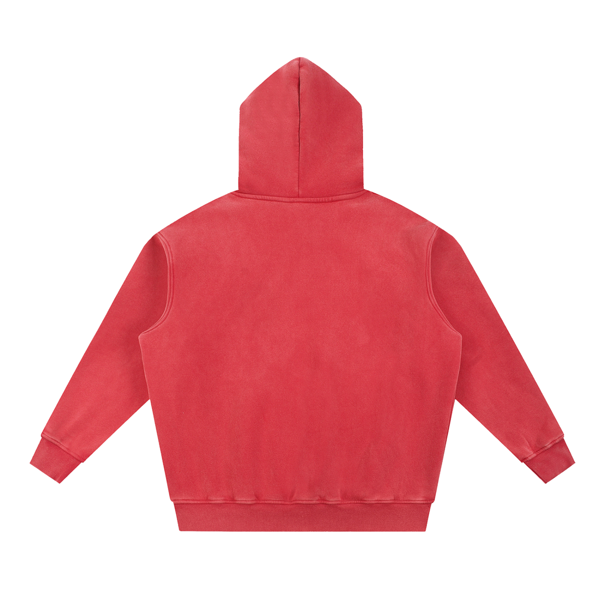 Red fleece oversize hoodie back view with hood and kangaroo pocket