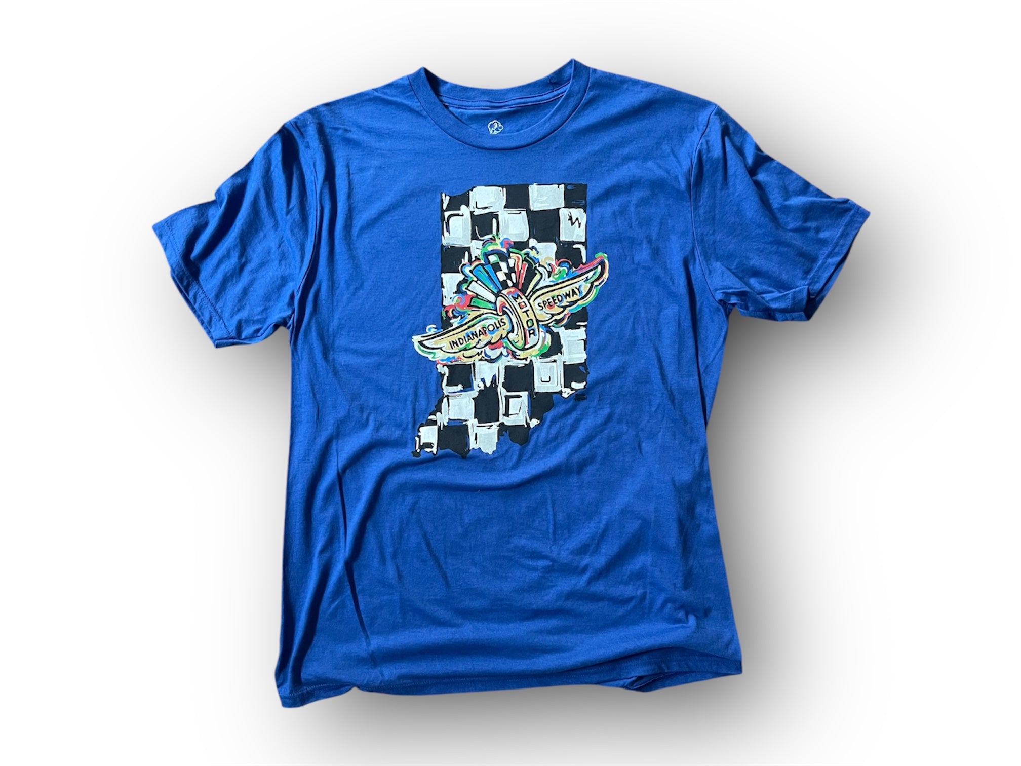 Indianapolis Motor Speedway Indiana Shape Wing and Wheel Tee by Justin Patten (Royal Blue)(IMS, Indy 500, Pagoda, Wing and Wheel)