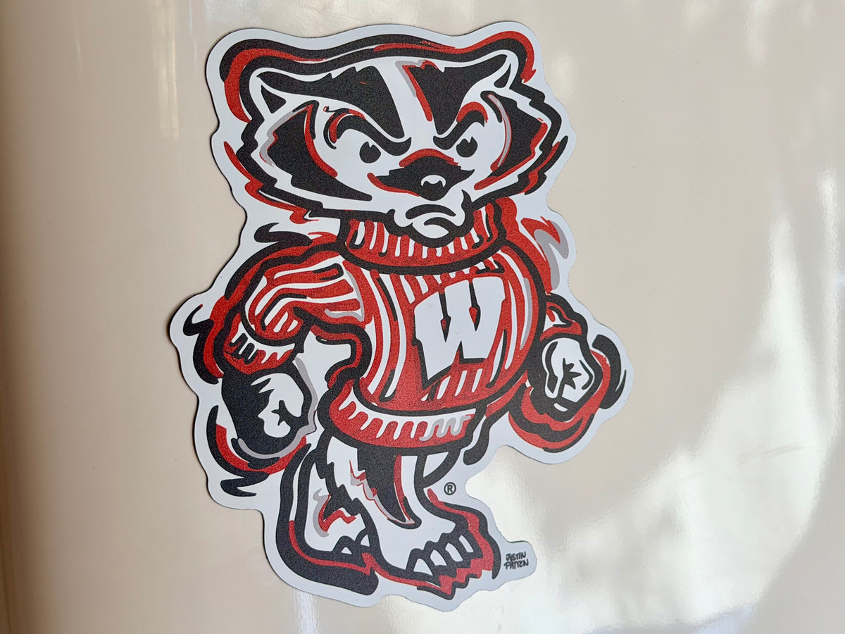 University mascot badger magnet with striped jersey graphic and W logo