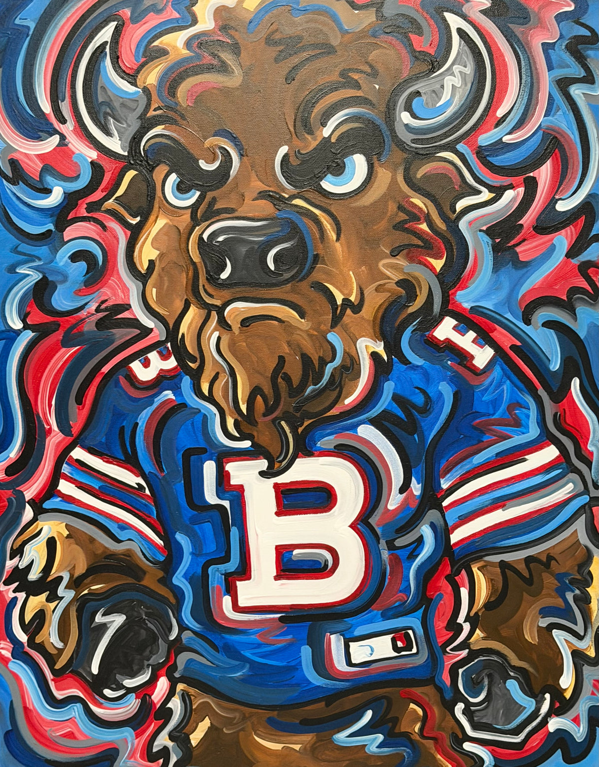 22x28 buffalo-themed painting with detailed bison head and blue 'B' jersey