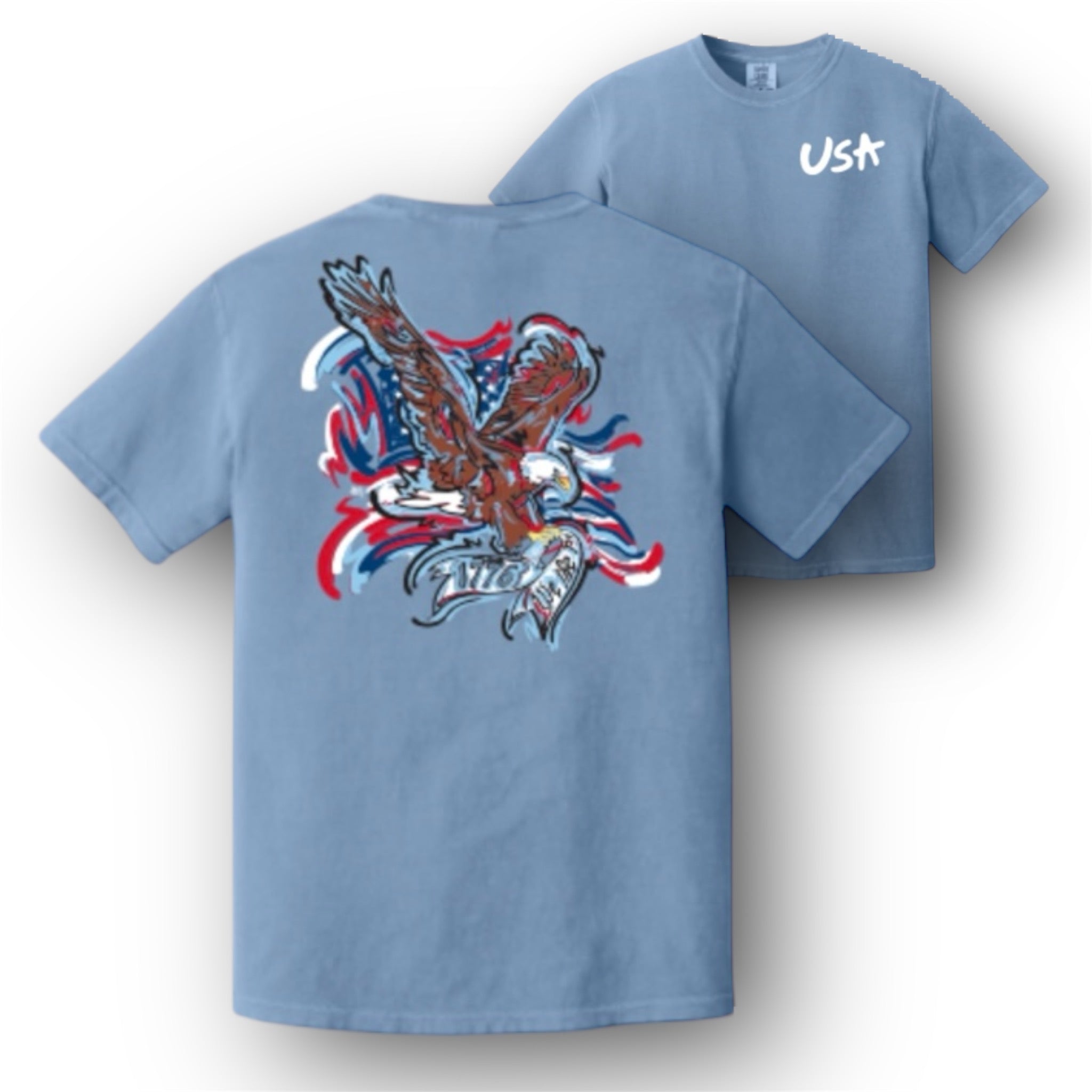 Fourth of July USA 1776 Bald Eagle Tee by Justin Patten (Washed Blue)(We The People)(USA)