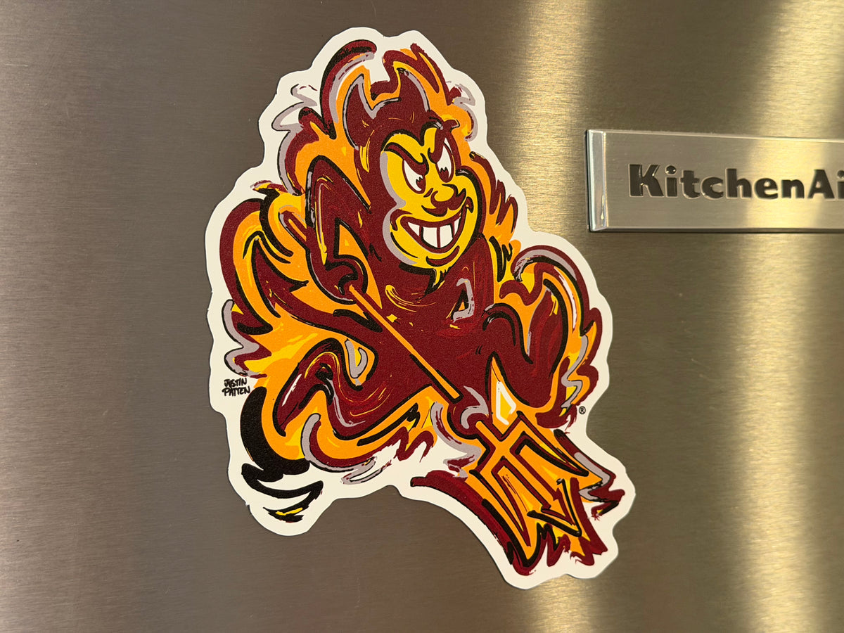 Sun devil mascot magnet in orange and maroon with white outline