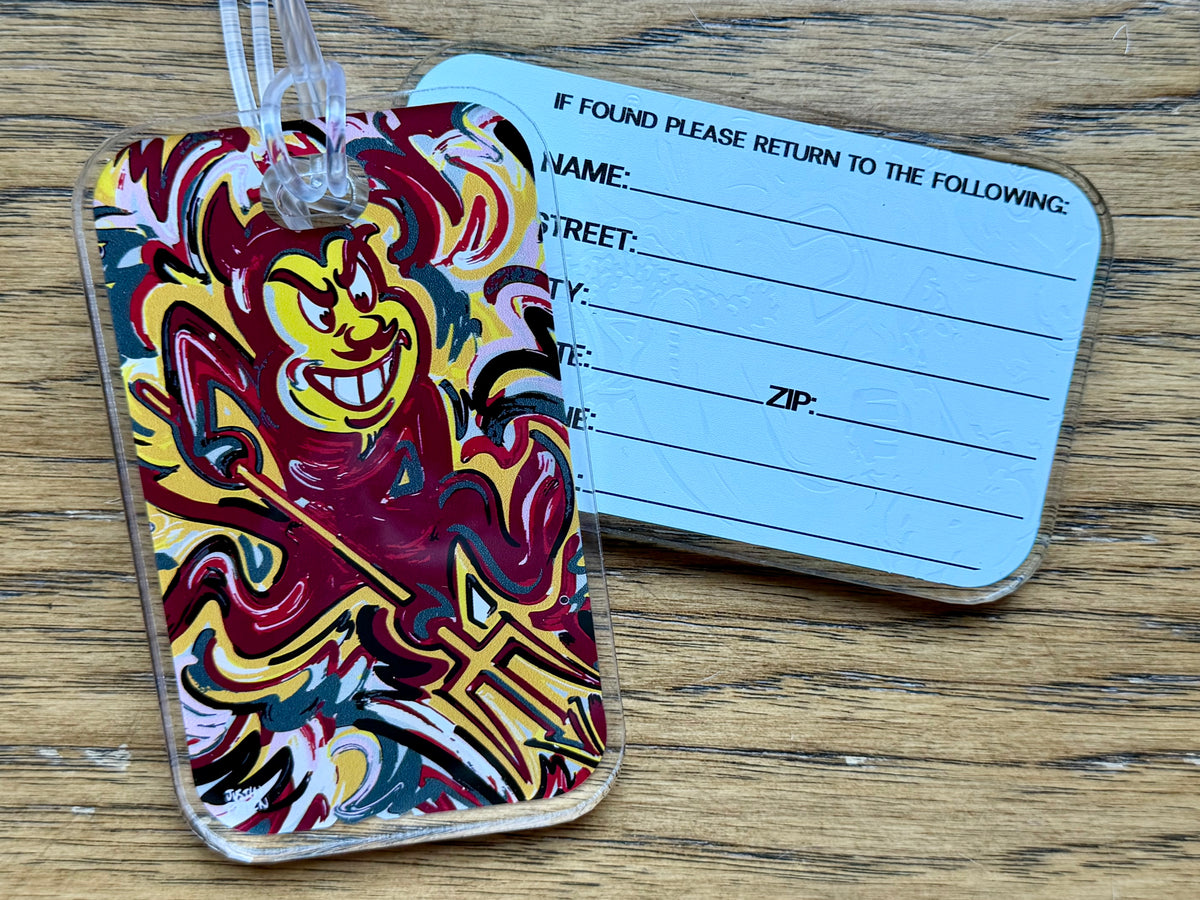 Mascot bag tag with colorful devil mascot design and blue hanging string