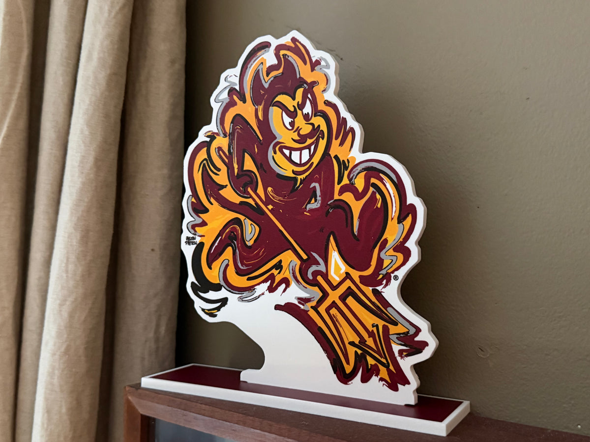 Sun Devil mascot standee in maroon, gold, and white, full figure on base
