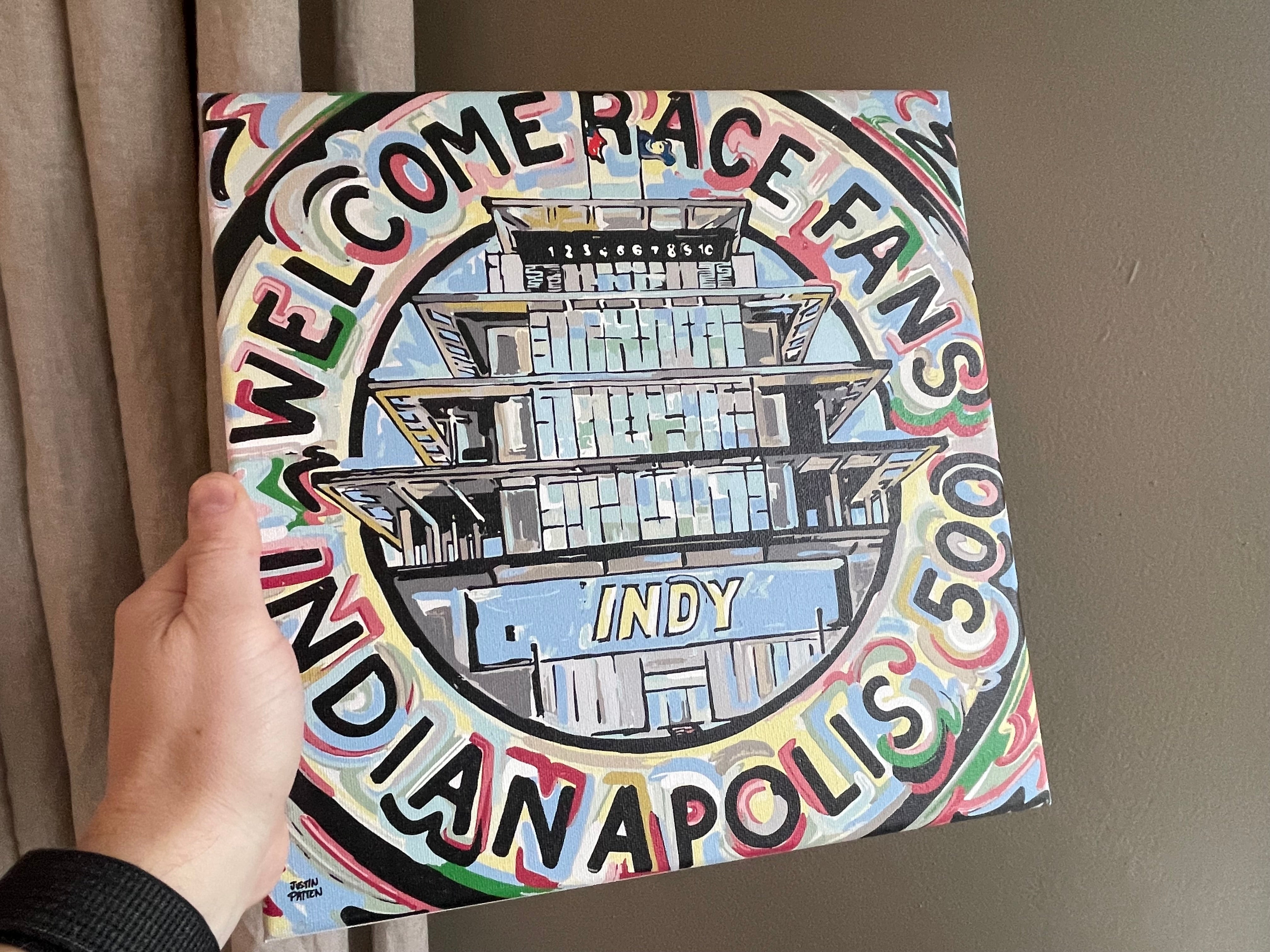 Indianapolis Motor Speedway 12"x12" Welcome Race Fans Pagoda Wrapped Canvas Print by Justin Patten