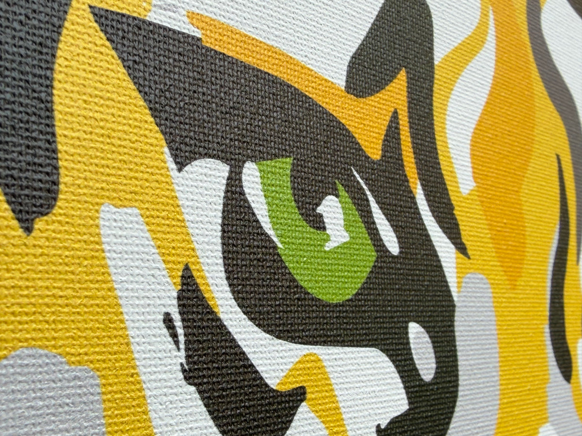 DePauw University tiger print detail showing canvas texture and a green eye
