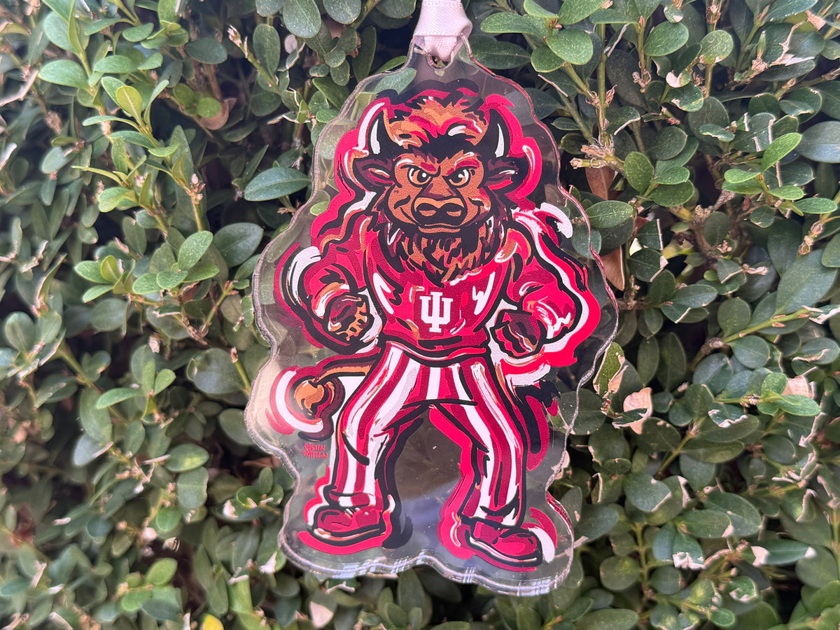 Indiana University bison mascot acrylic ornament in a red basketball uniform