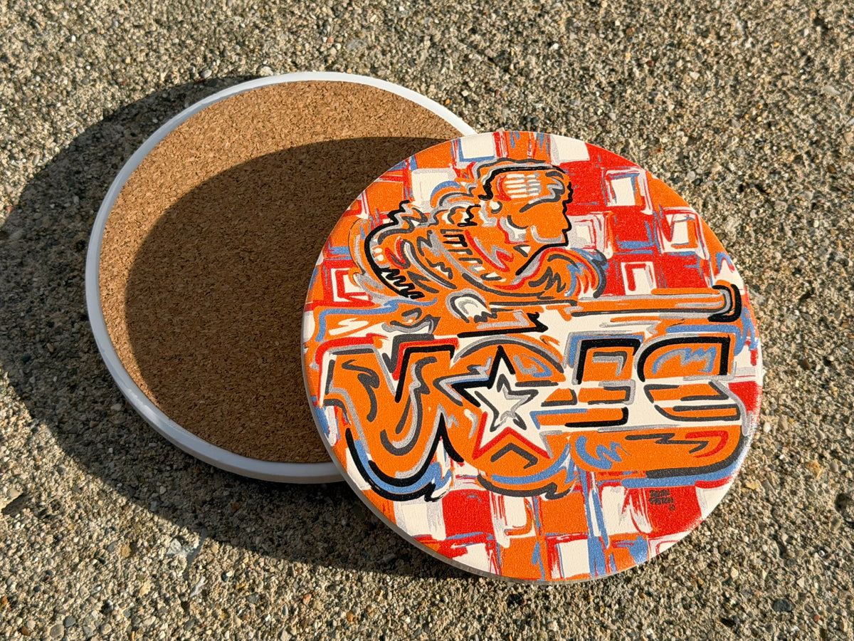 Round stone coaster showing the VOLS Rifleman design beside its cork backing