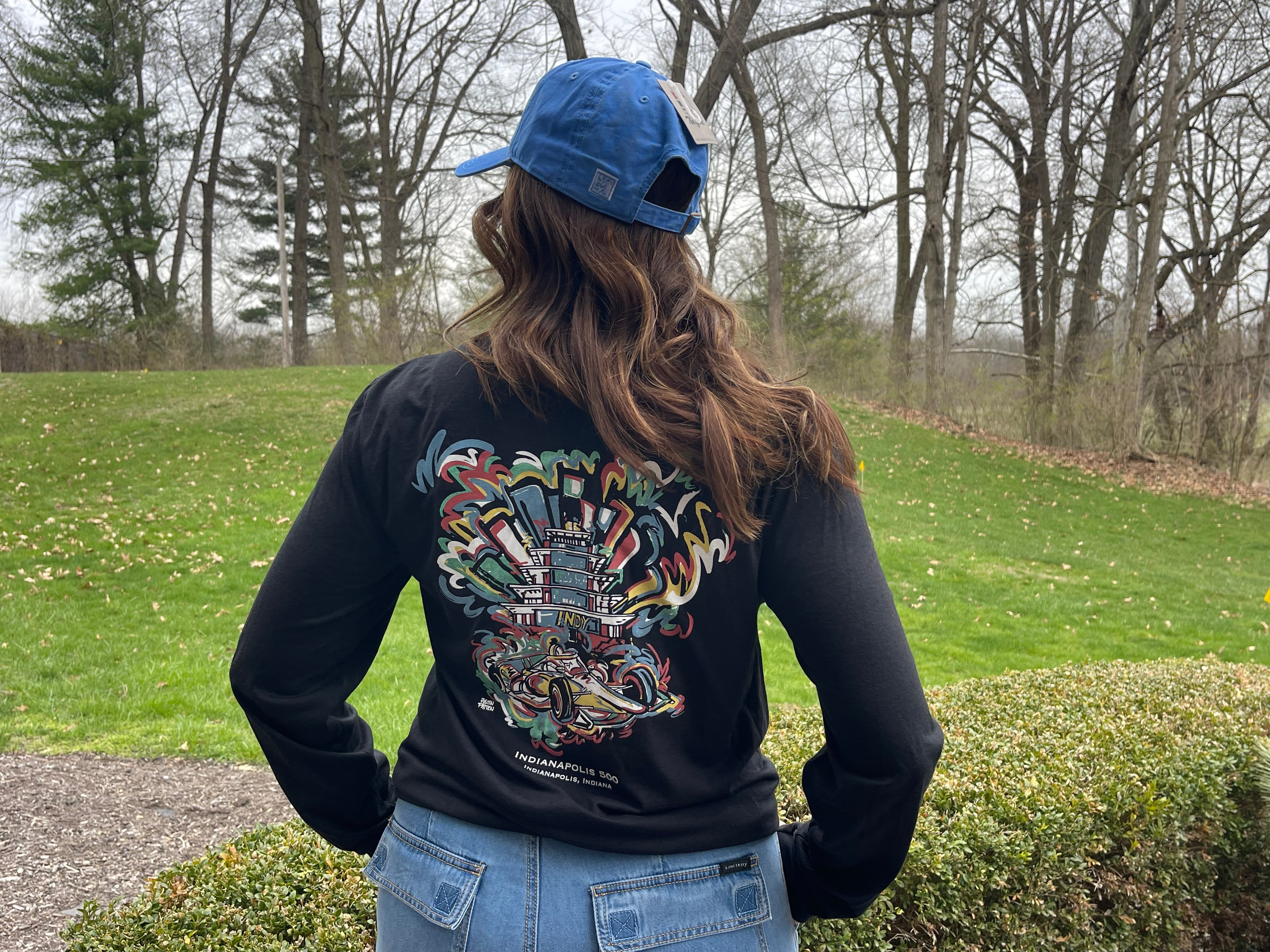 Indianapolis Motor Speedway Pagoda and Car Long Sleeve Tee by Justin Patten