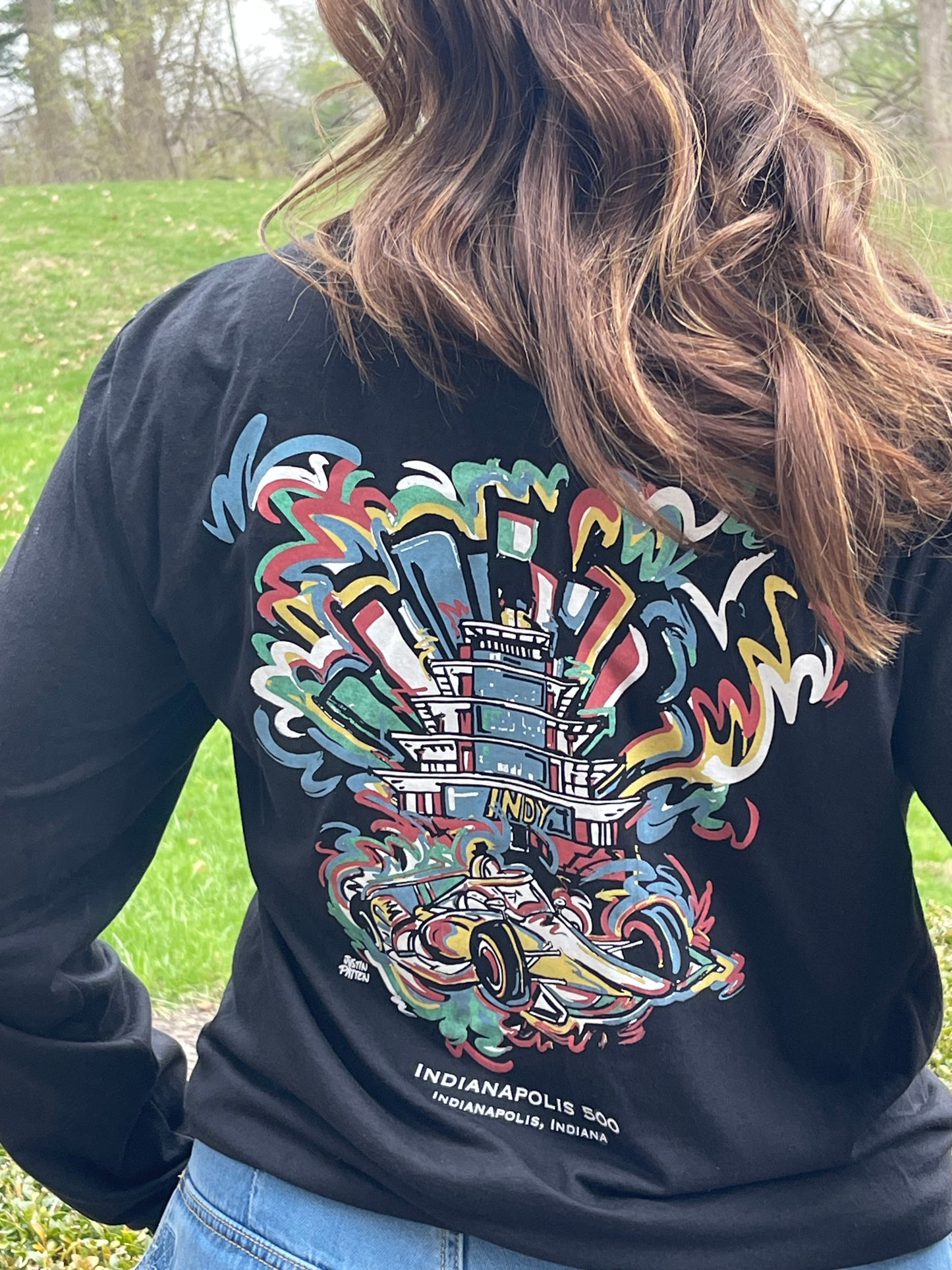 Indianapolis Motor Speedway Pagoda and Car Long Sleeve Tee by Justin Patten