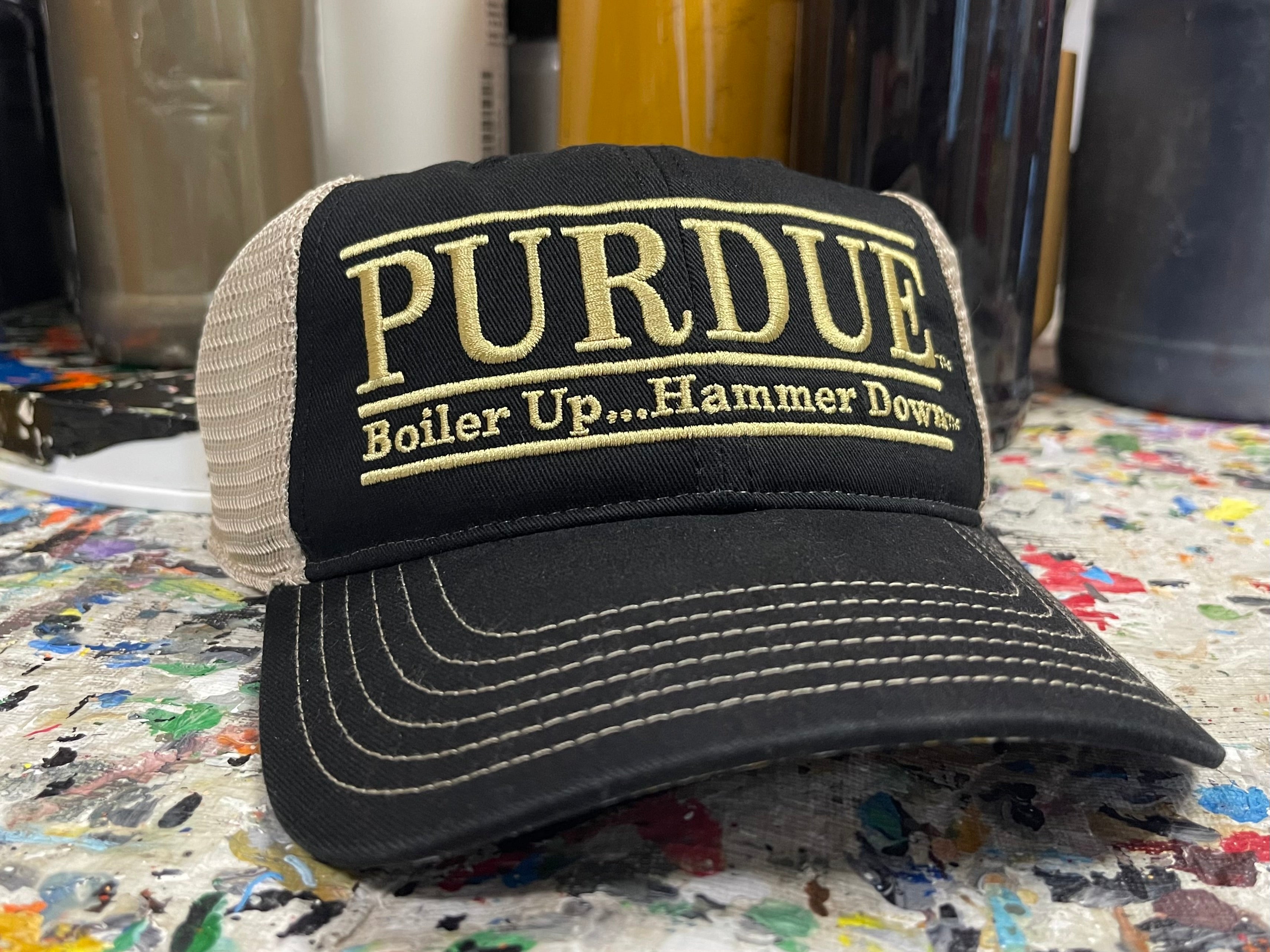 Purdue University Trucker Hat with Art Under Bill by Justin Patten (Black) (Boiler Up... Hammer Down)