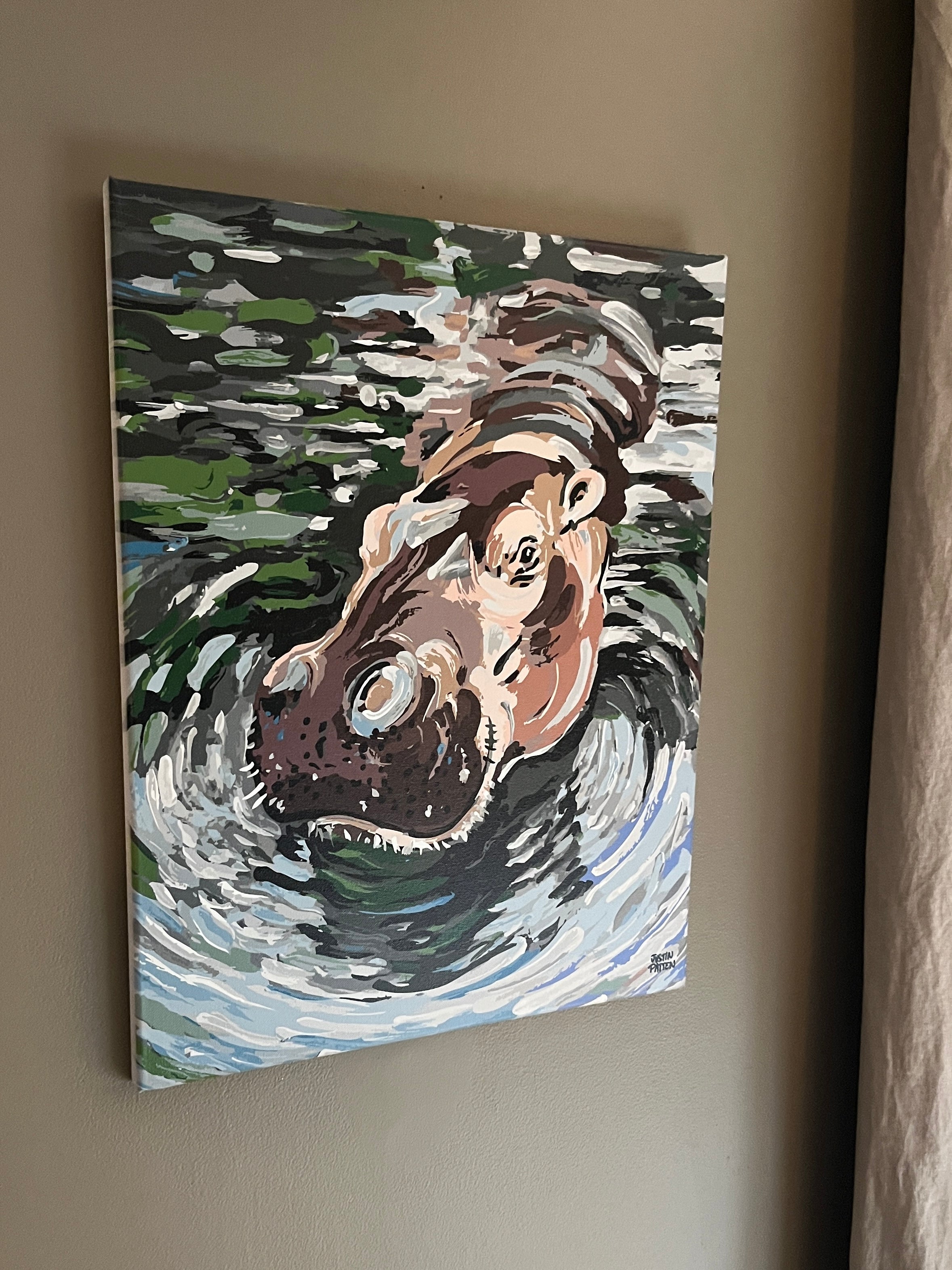 Hippo 16"x20" Wrapped Canvas Print by Justin Patten