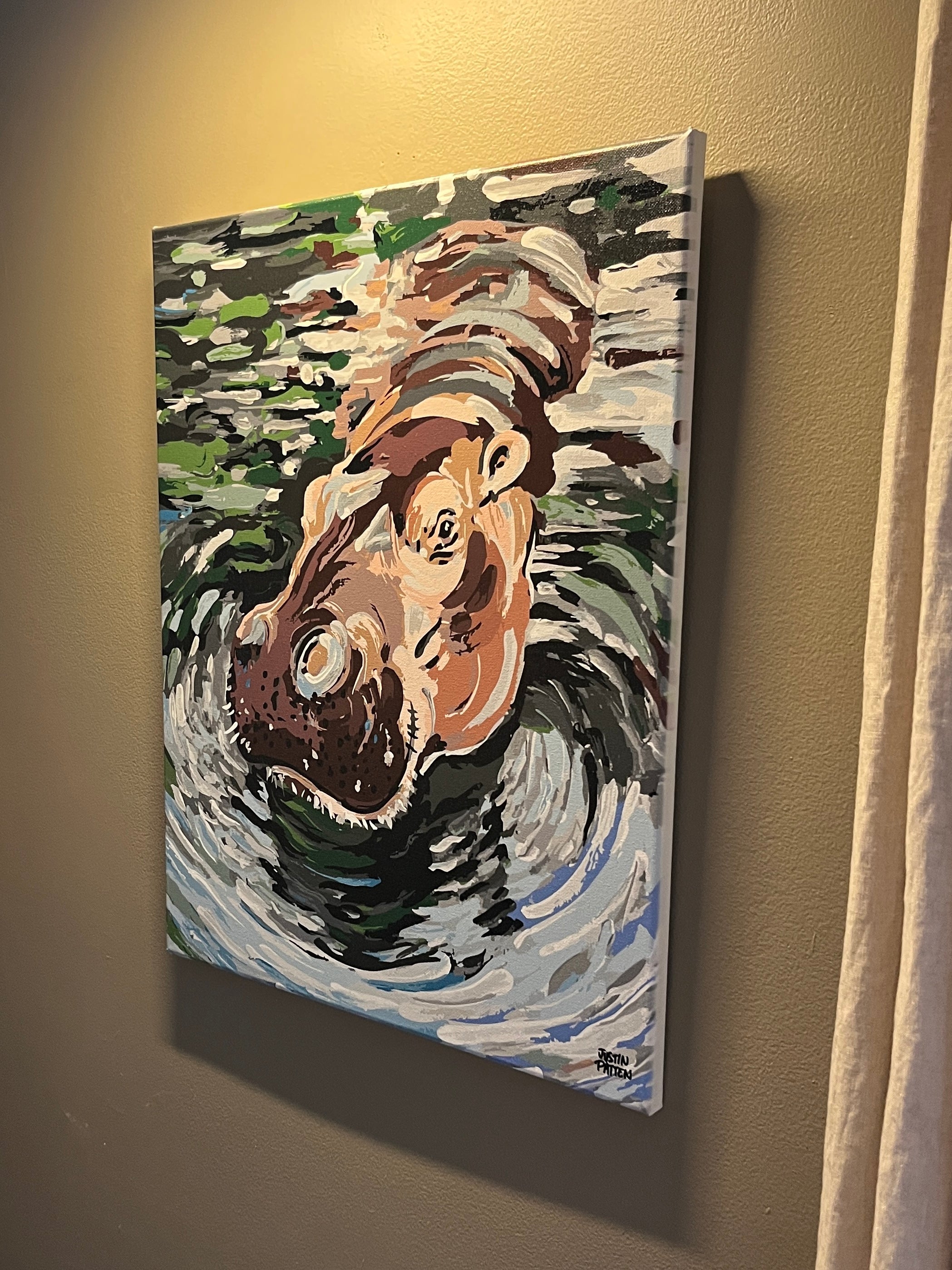 Hippo 16"x20" Wrapped Canvas Print by Justin Patten