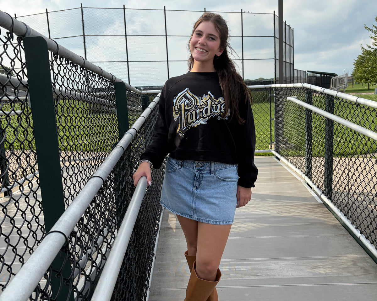 Purdue University Drum Cropped Women's Crew by Justin Patten (Color: Black) (Purdue Pete, Boilermaker, Purdue Train)