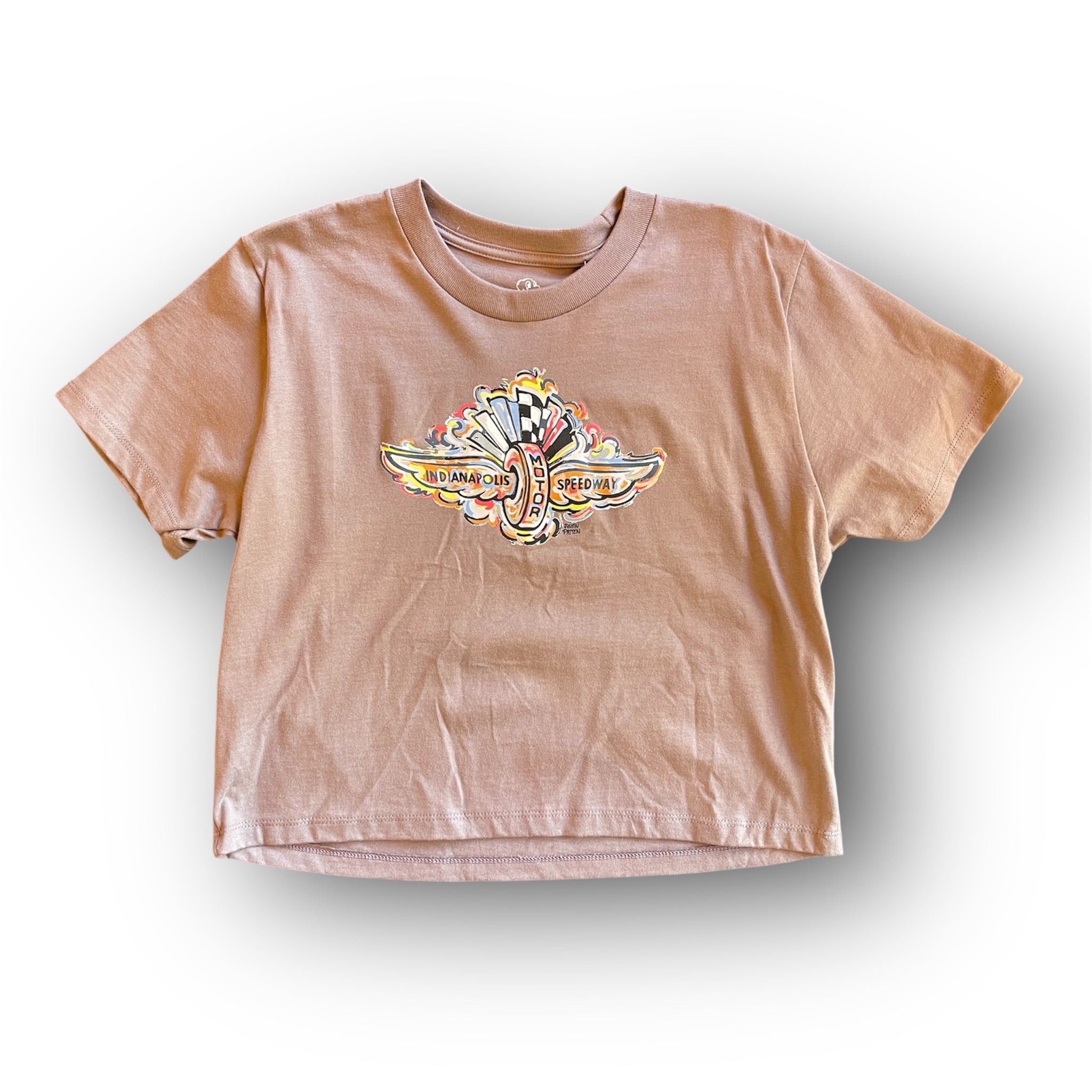 Indianapolis Motor Speedway Wing and Wheel Women's Boxy Cropped Tee by Justin Patten