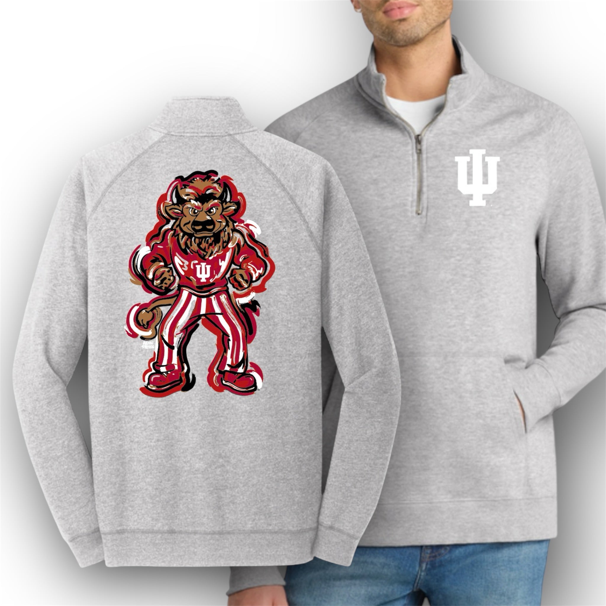 Indiana University Hoosier Mascot Fleece Quarter Zip by Justin Patten (IU, Bison, Hoosiers, Bloomington)