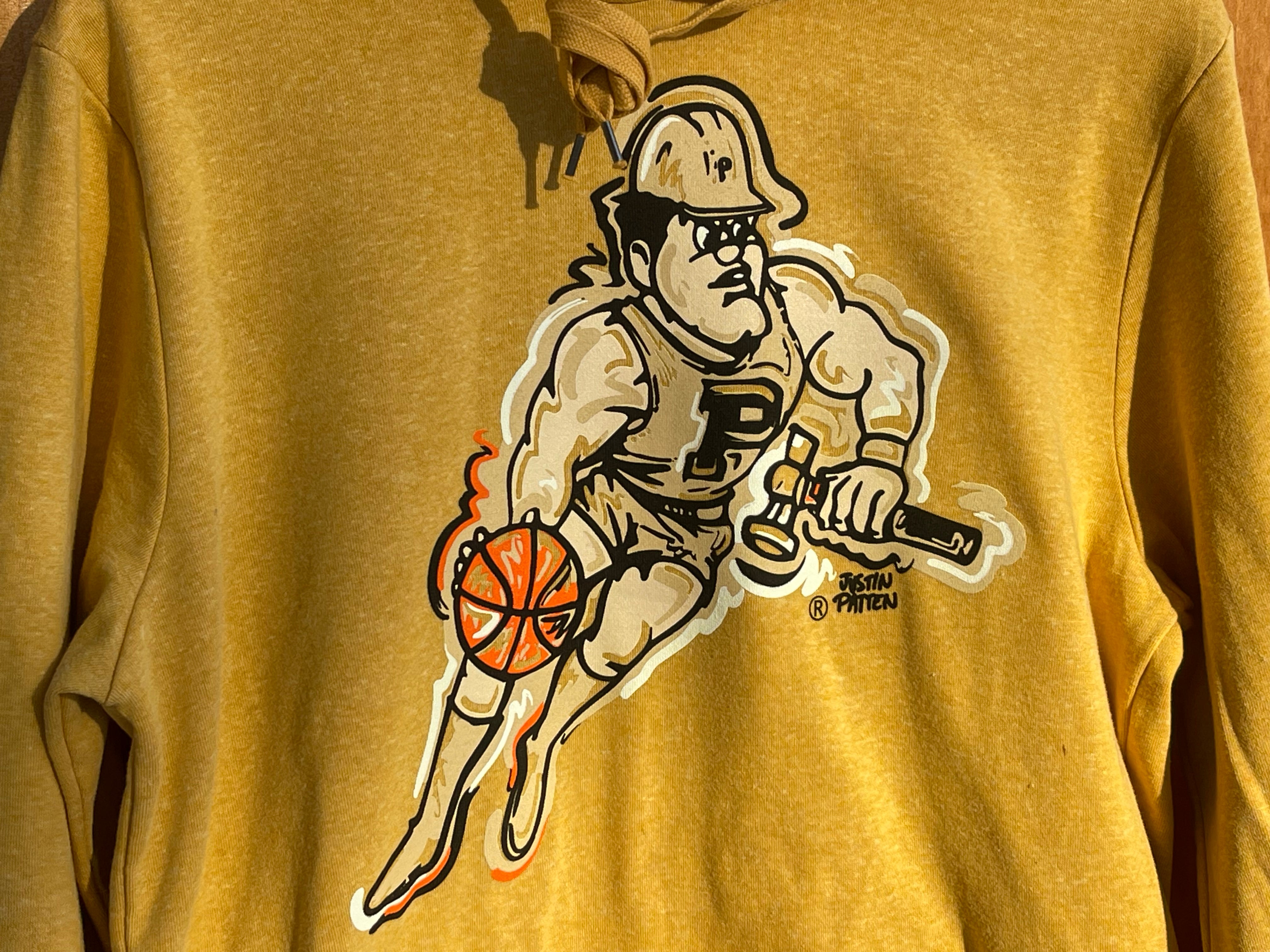 Purdue University Basketball Pete Unisex Fleece Old Gold Hoodie by Justin Patten (Purdue Pete, Boilermaker, Purdue Train)