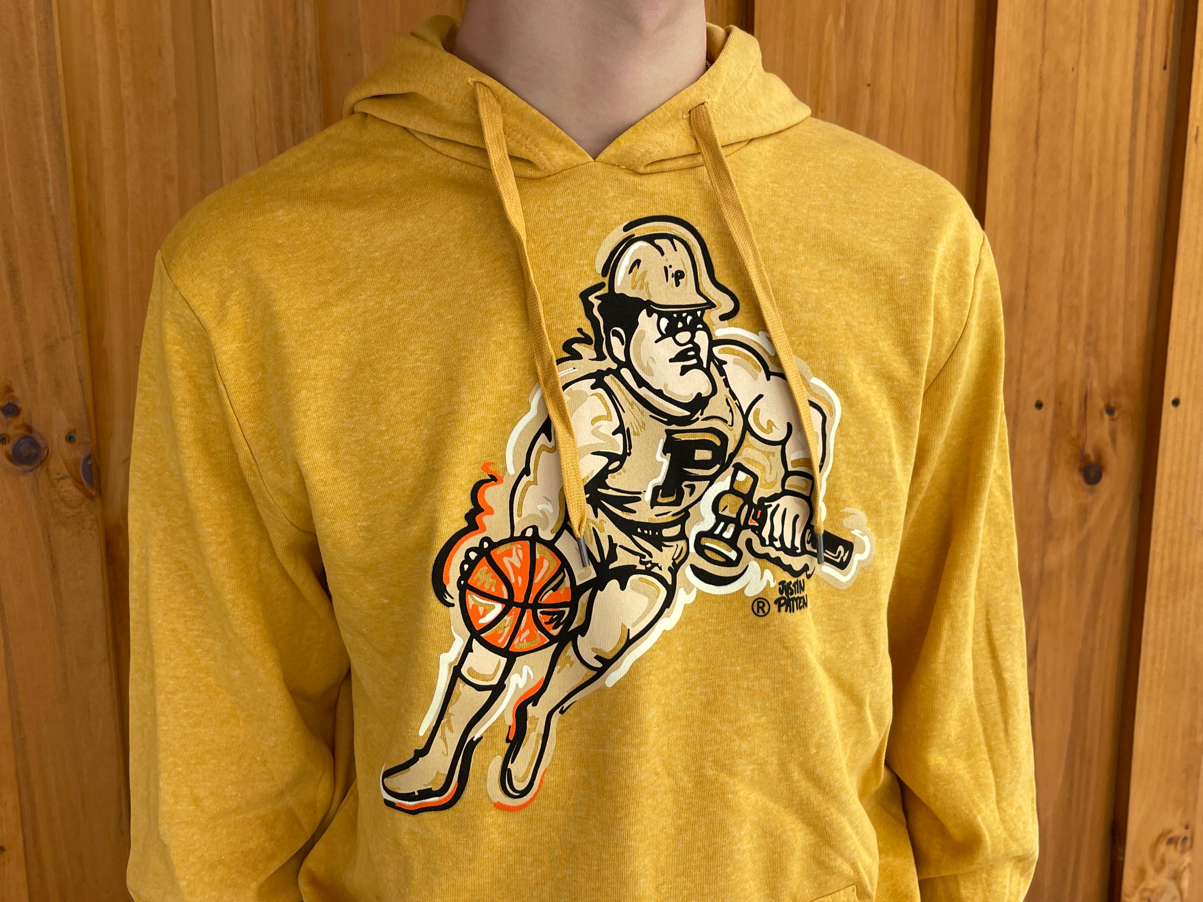 Purdue University Basketball Pete Unisex Fleece Old Gold Hoodie by Justin Patten (Purdue Pete, Boilermaker, Purdue Train)
