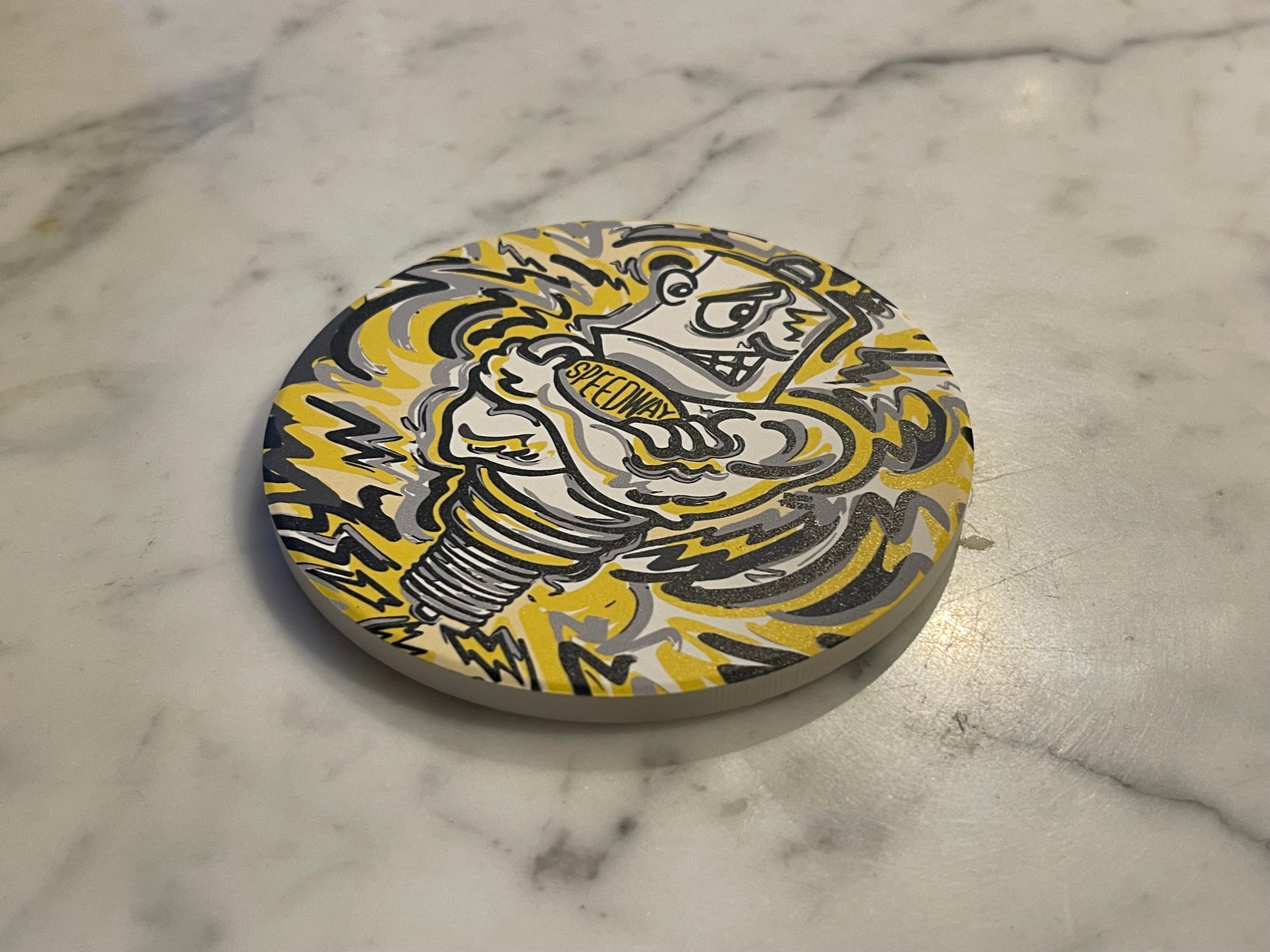 Speedway Sparkplug Mascot Stone Coaster by Justin Patten