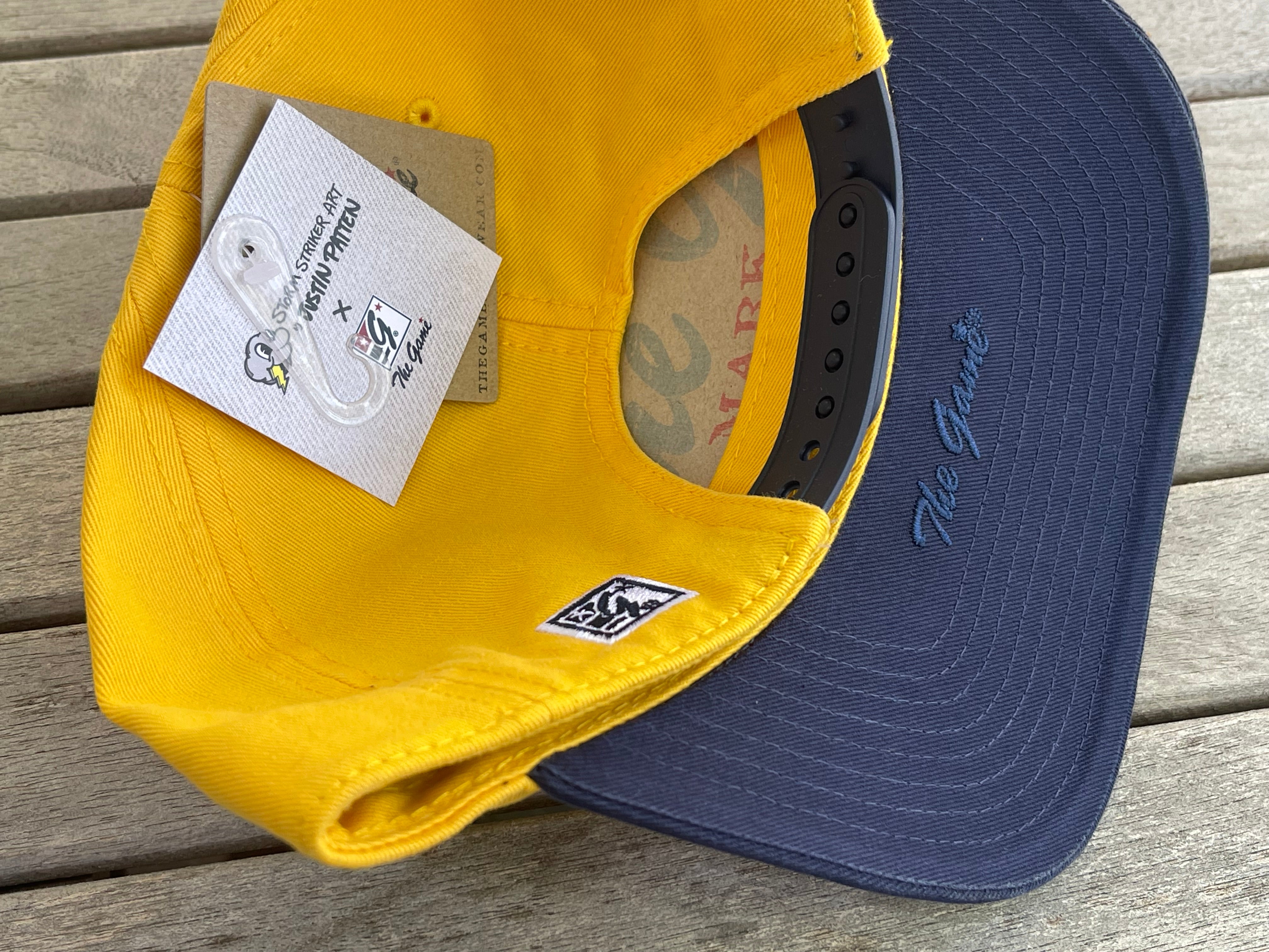 Indianapolis Motor Speedway Indy 500 Script Hat by Justin Patten (Navy Bill, Yellow Top) (IMS, Indy 500, Is it May)