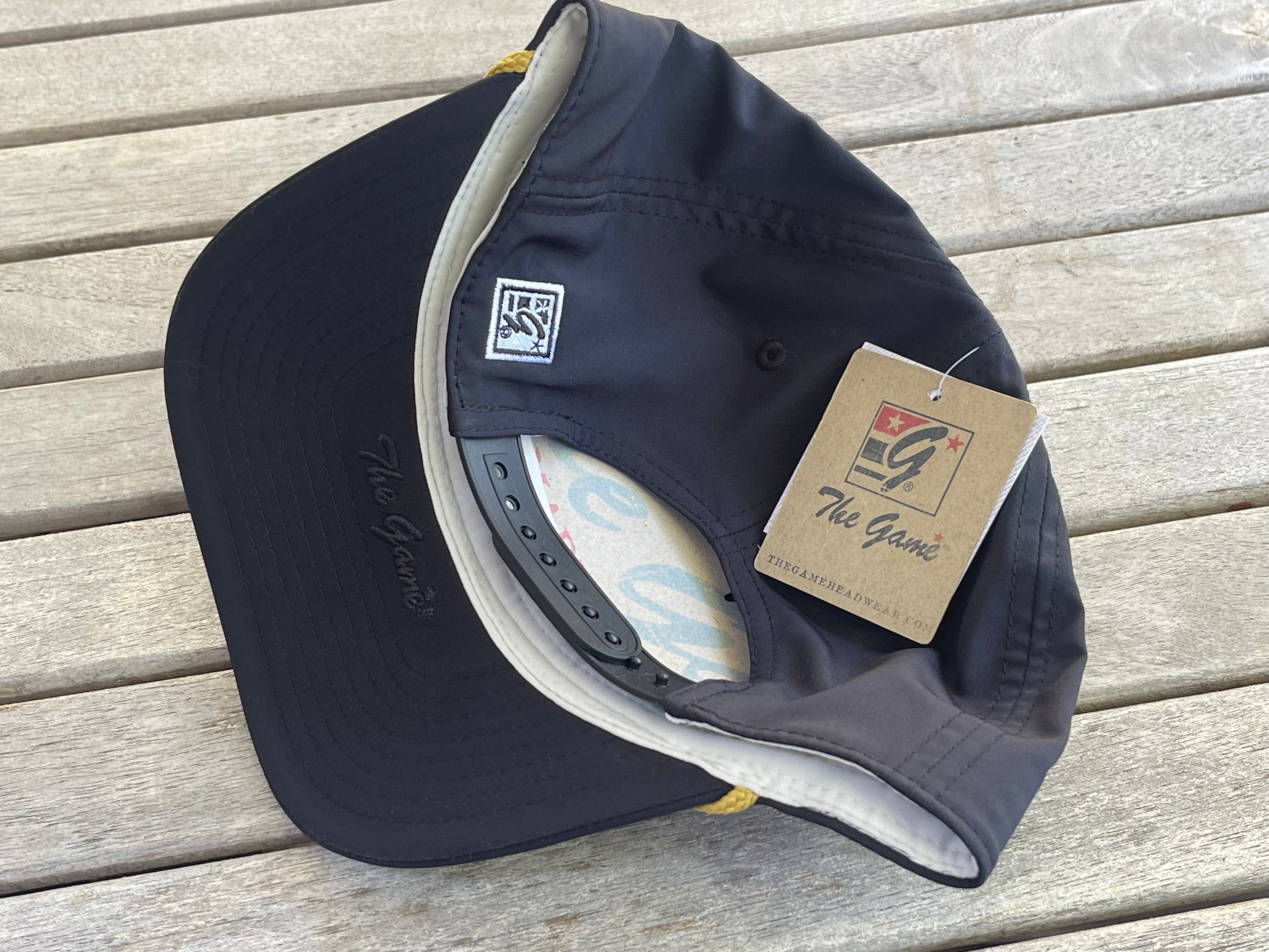 Indianapolis Motor Speedway Gold Wing and Wheel Hat with Gold Rope by Justin Patten (Black with Rope)