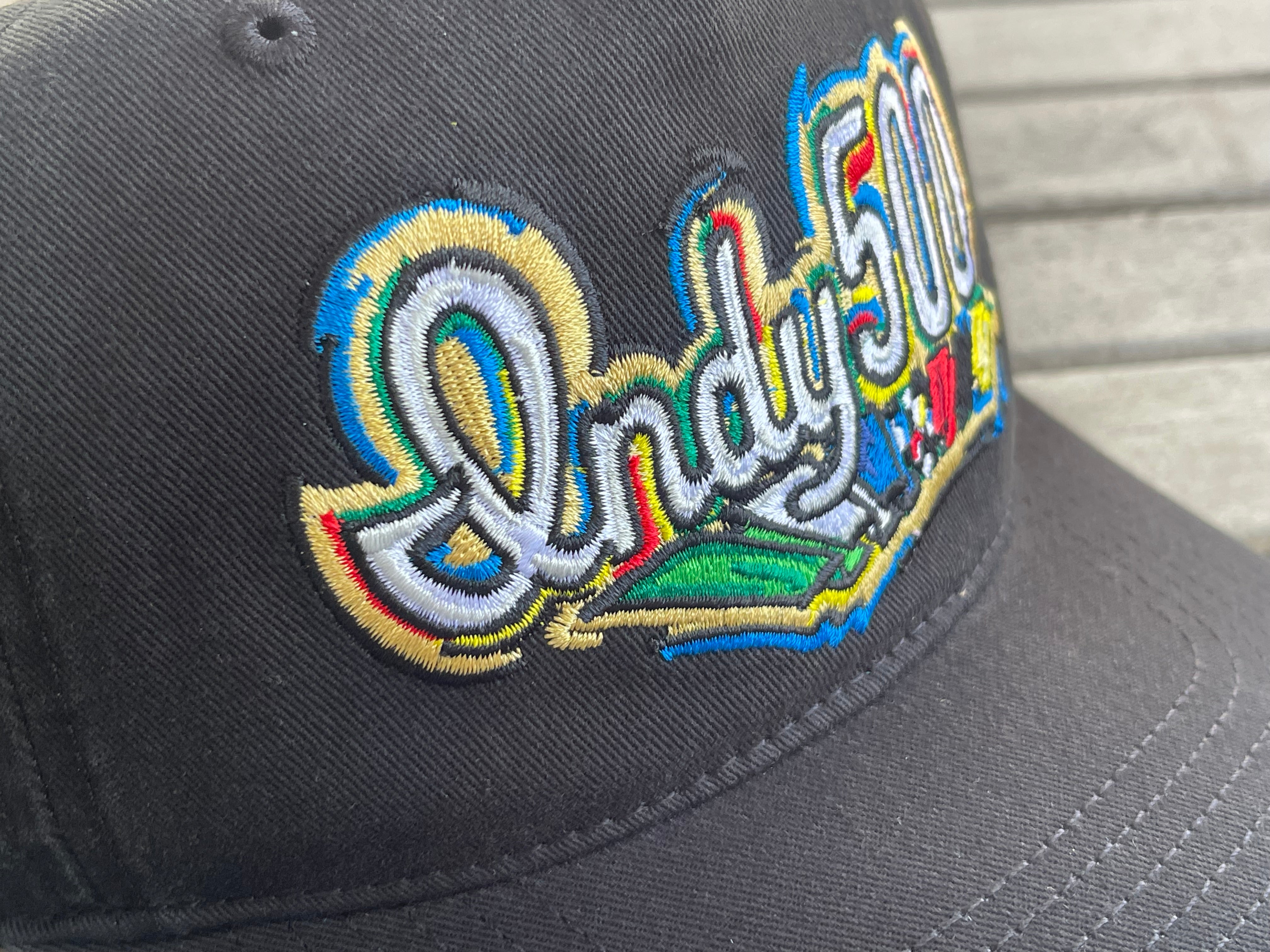 Indianapolis Motor Speedway Indy 500 Script Hat by Justin Patten (Black Bill) (IMS, Indy 500, Is it May)
