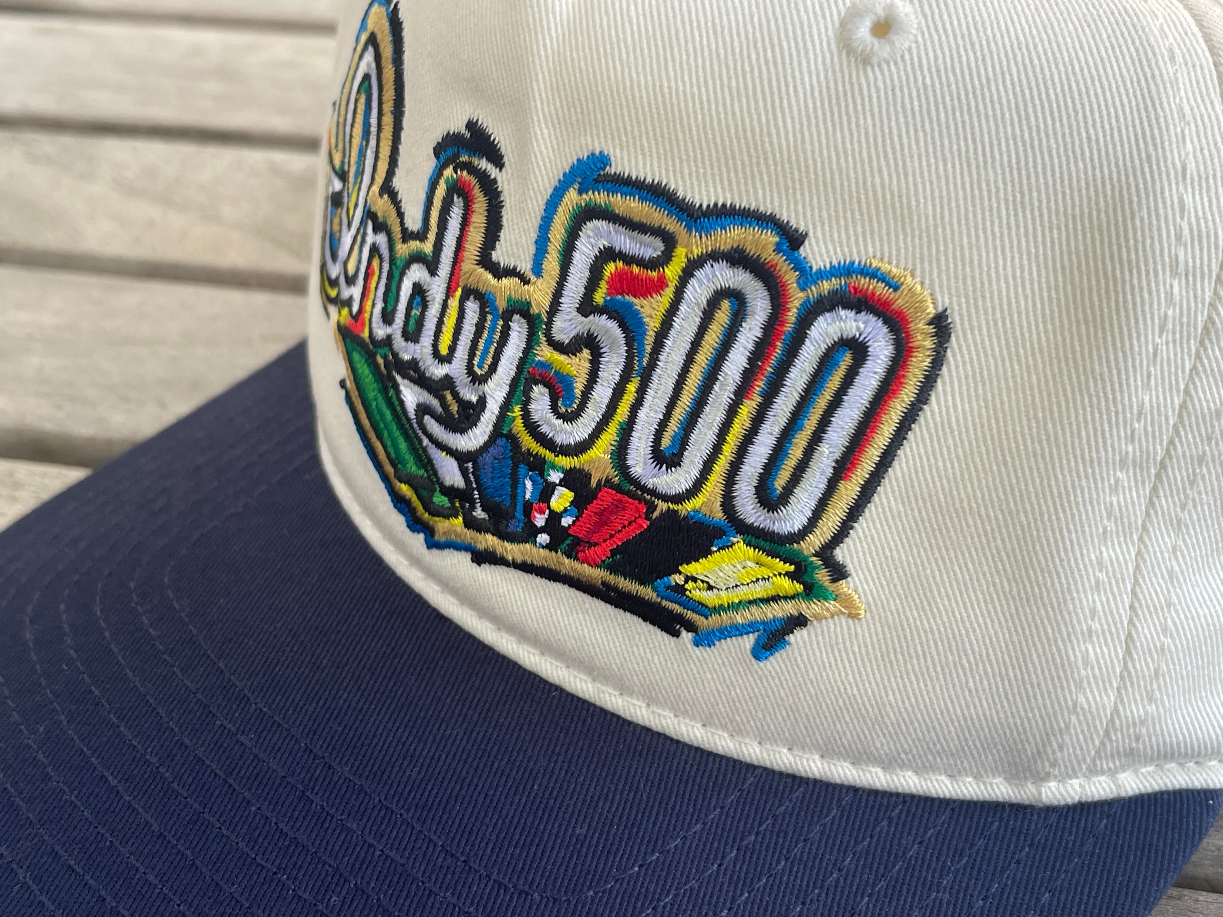 Indianapolis Motor Speedway Indy 500 Script Hat by Justin Patten (Navy Bill) (IMS, Indy 500, Is it May)
