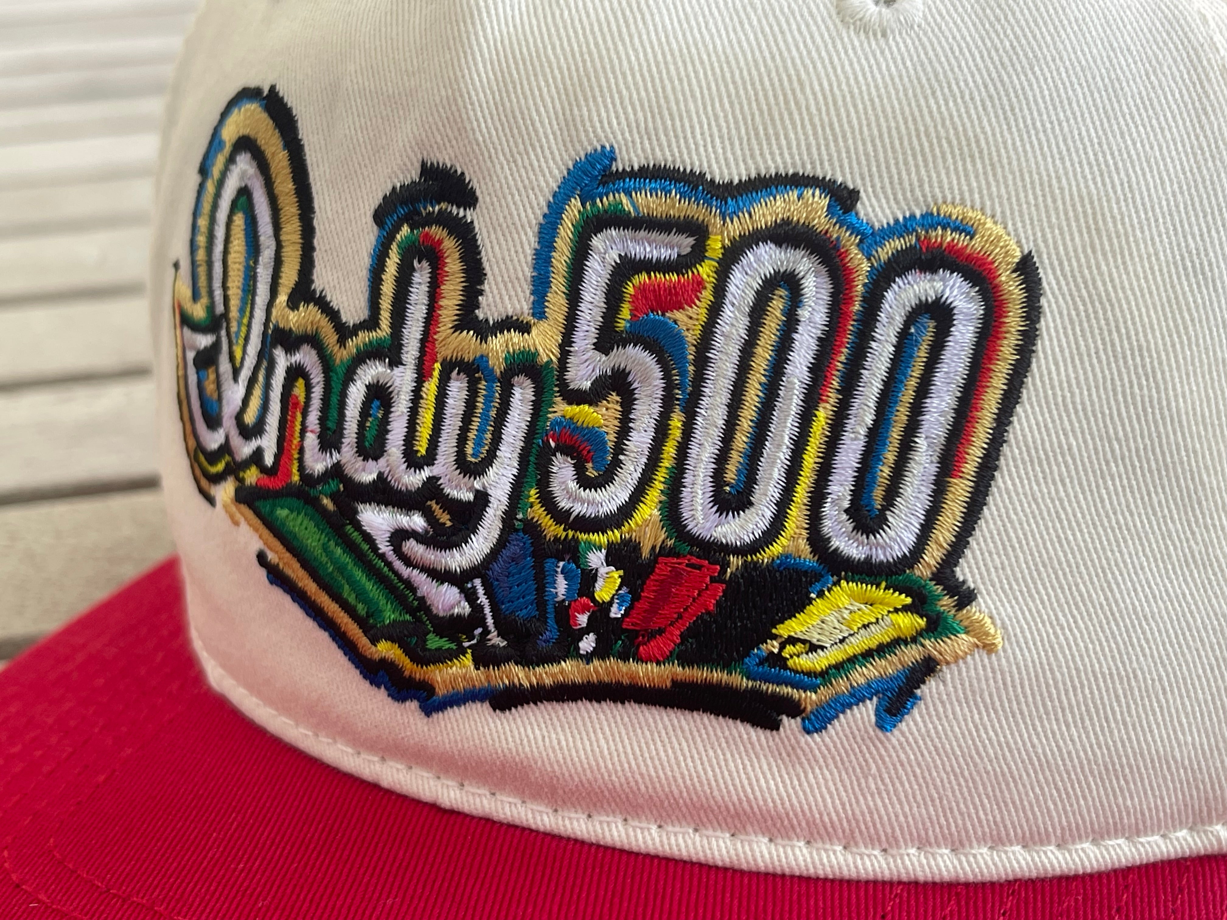 Indianapolis Motor Speedway Indy 500 Script Hat by Justin Patten (Red Bill) (IMS, Indy 500, Is it May)