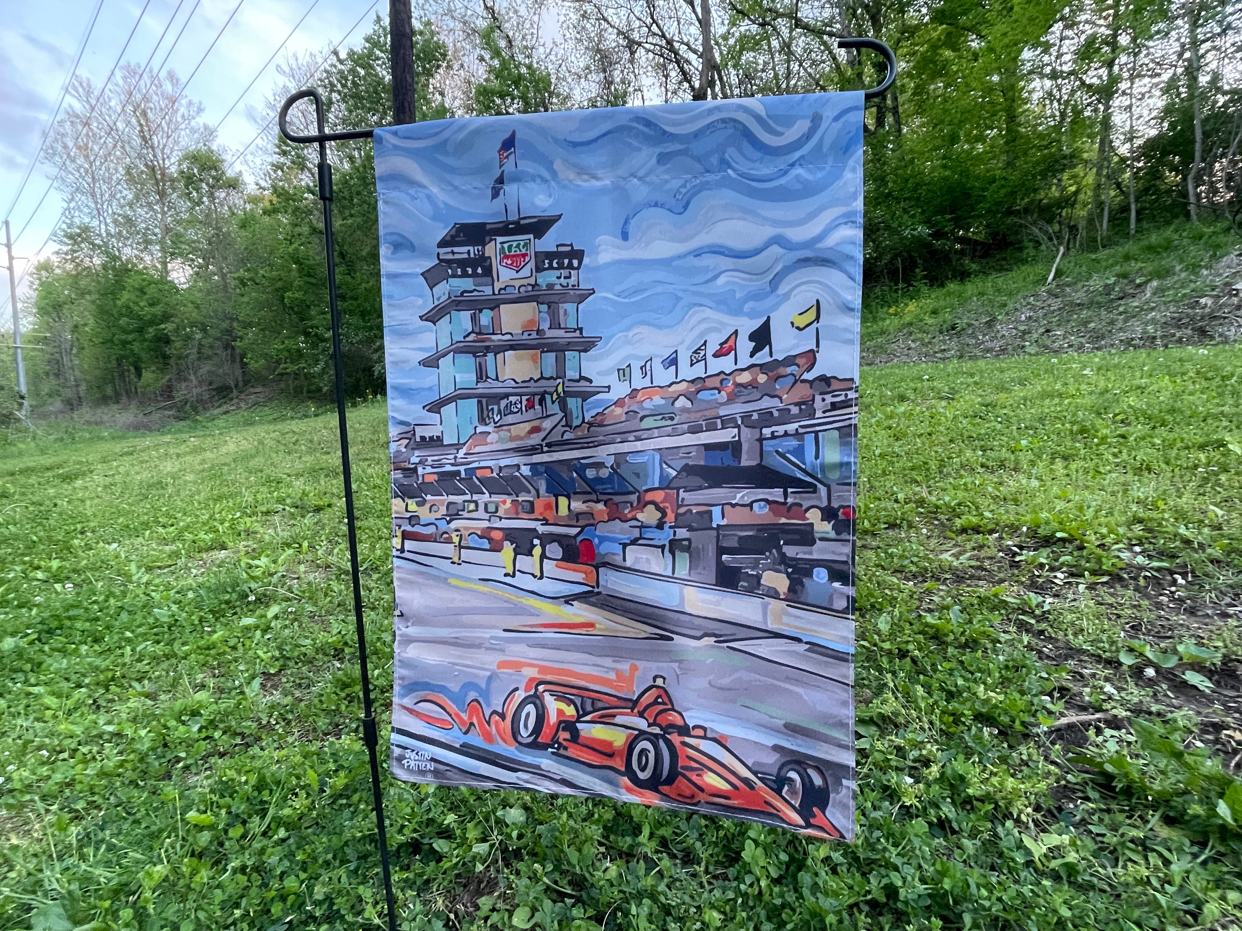 Indianapolis Motor Speedway Straightaway Garden Flag (12”x18” in.) by Justin Patten (IMS, Indy 500, Pagoda, Wing and Wheel)
