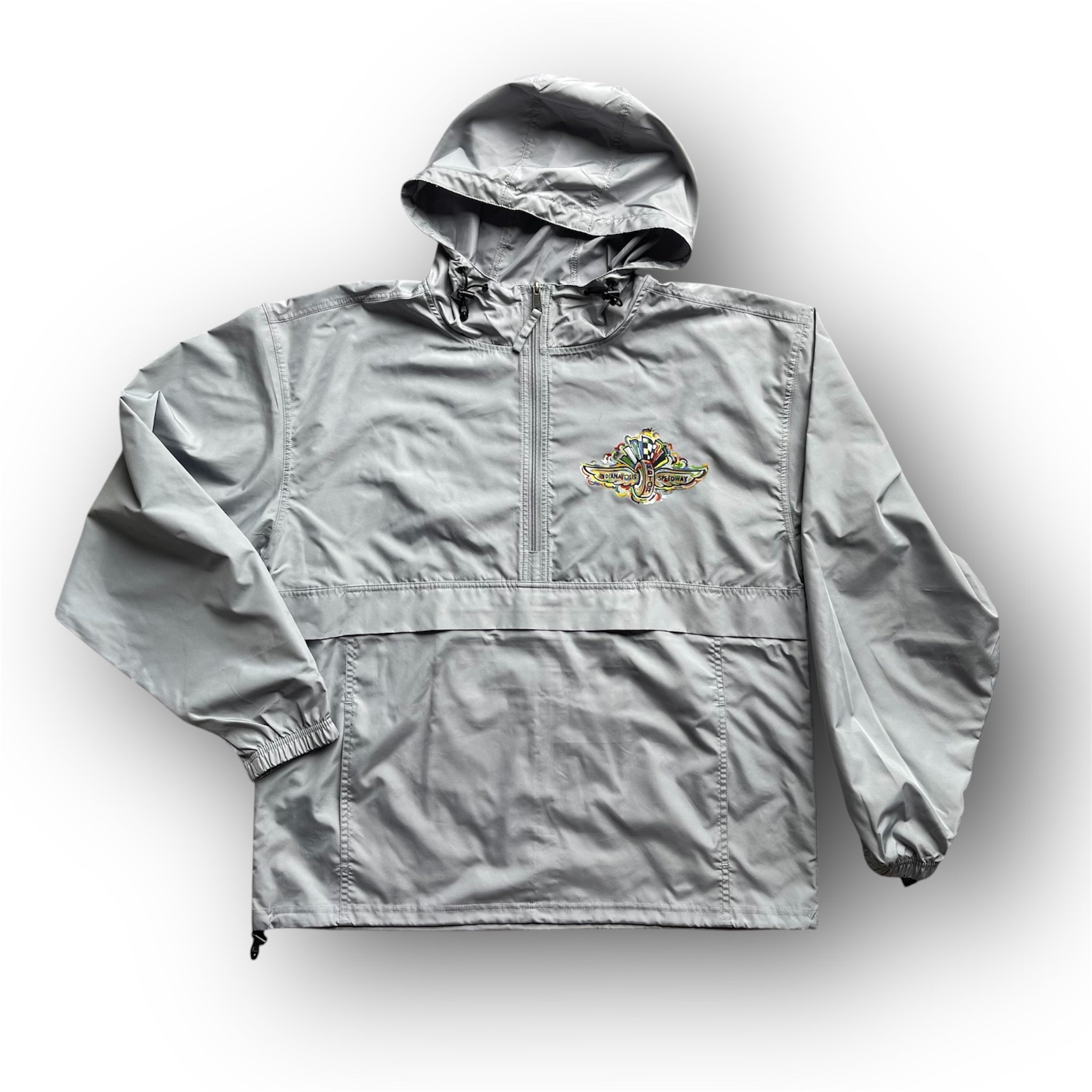 Indianapolis Motor Speedway Wing and Wheel Quarter Zip Packable Windbreaker by Justin Patten (Light Grey)