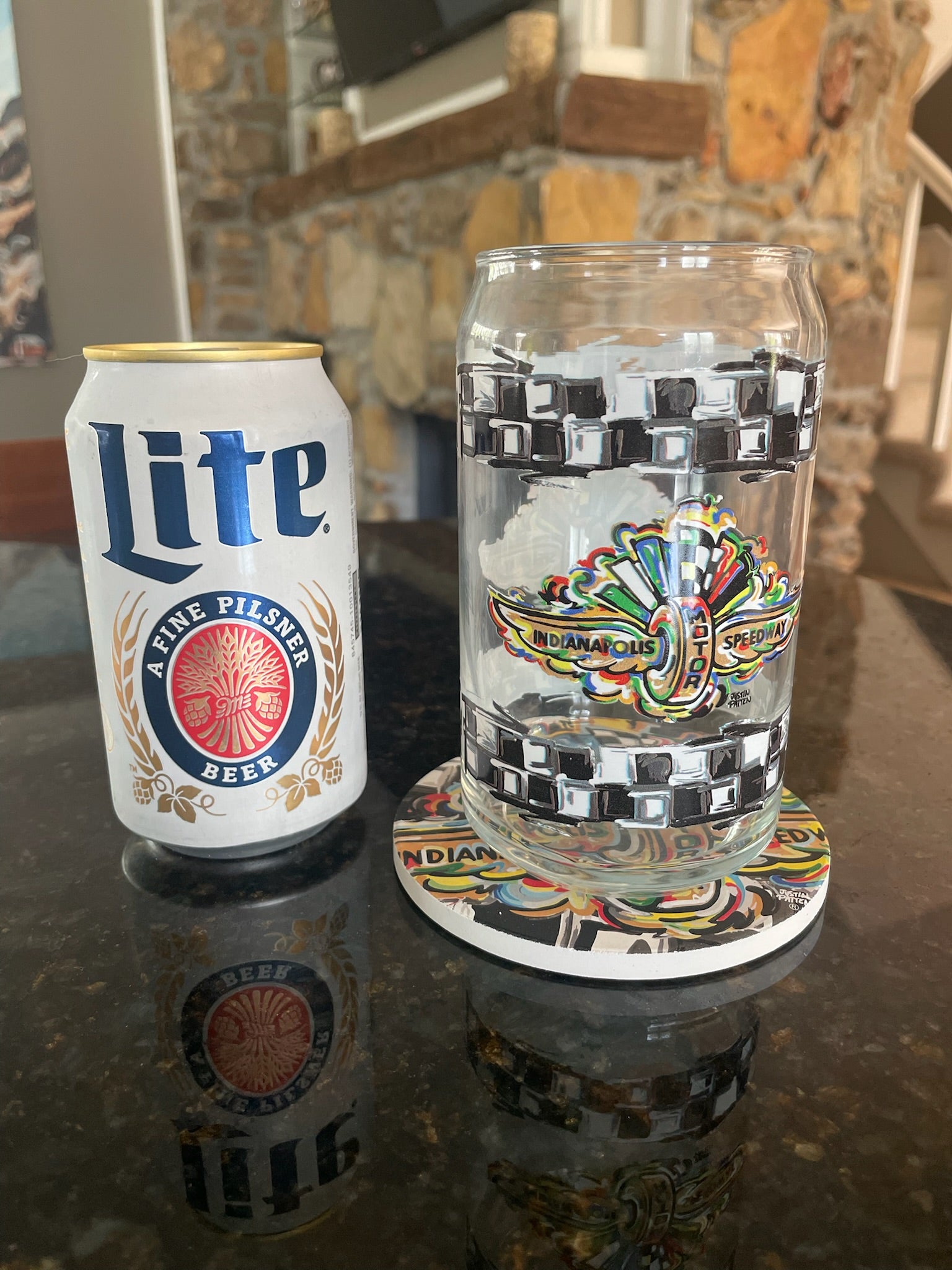 Indianapolis Motor Speedway Can Glass by Justin Patten (IMS, Indy 500, Pagoda, Wing and Wheel)