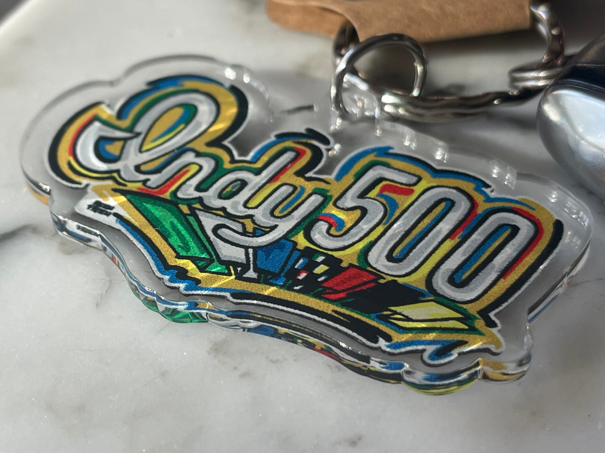 Indianapolis Motor Speedway Indy 500 Script Acrylic Keychain by Justin Patten (IMS, INDY 500, Racing Fan, Indy Car)