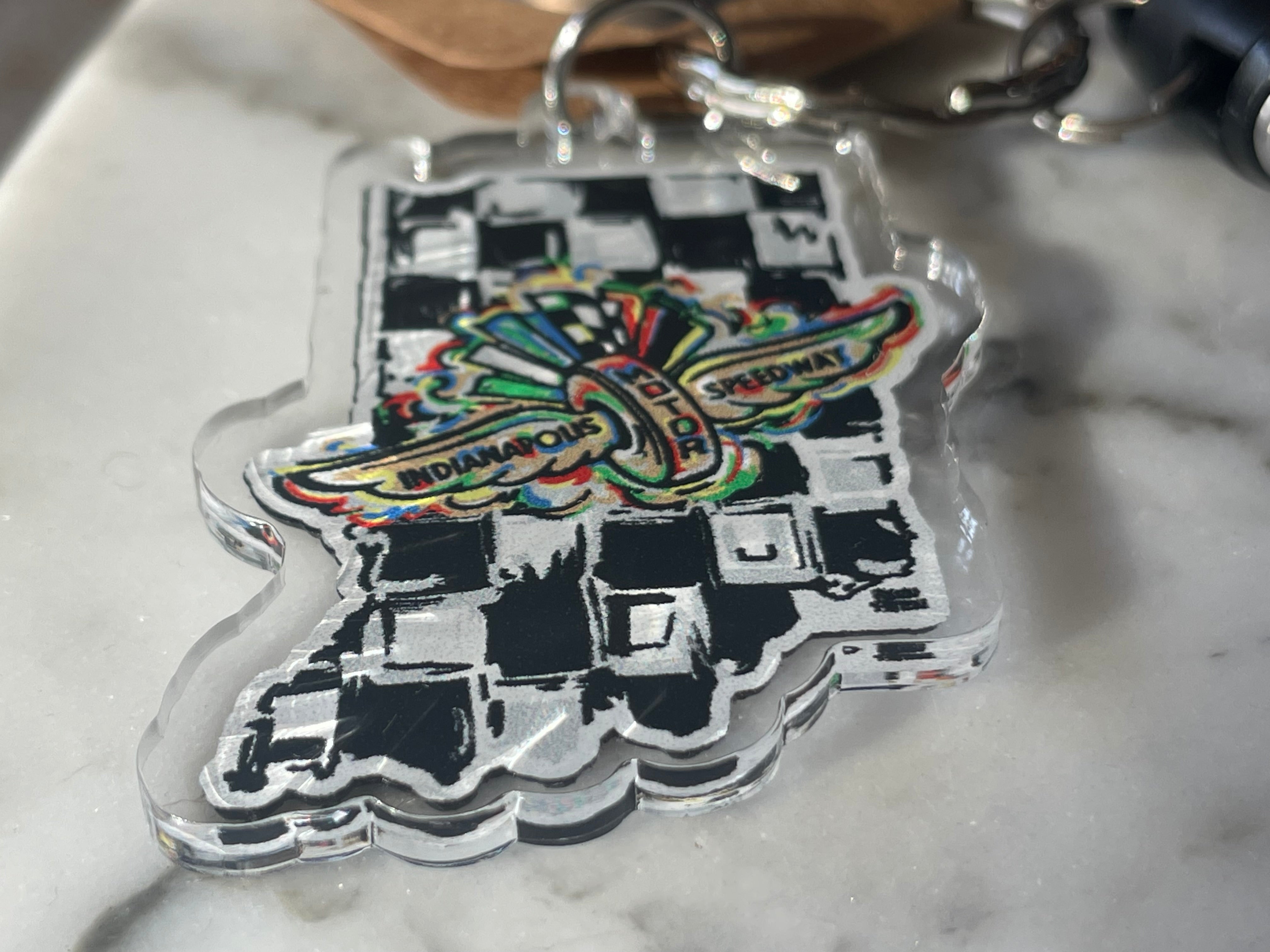 Indianapolis Motor Speedway Indiana State Shape Acrylic Keychain by Justin Patten (IMS, INDY 500, Racing Fan, Indy Car)
