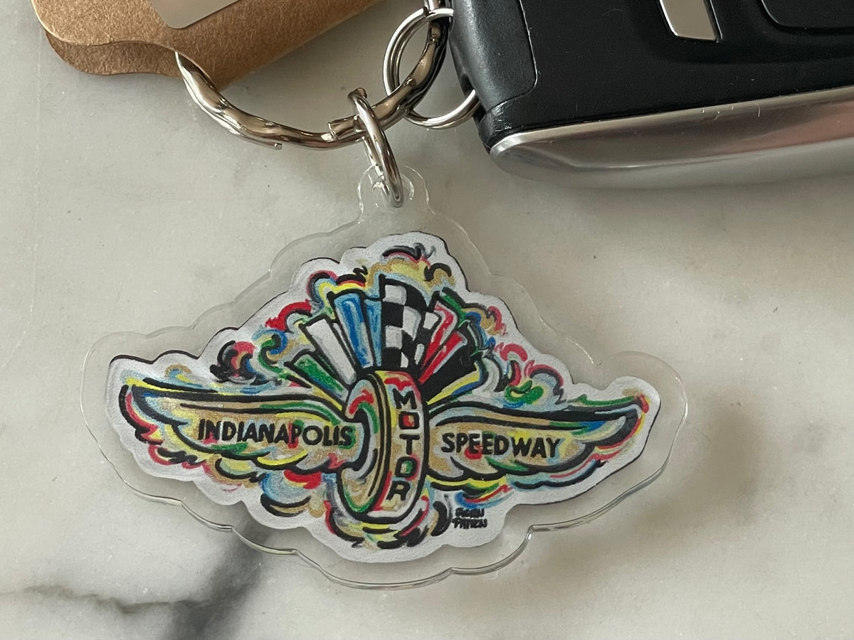 Indianapolis Motor Speedway Wing and Wheel Acrylic Keychain by Justin Patten (IMS, INDY 500, Racing Fan, Indy Car)