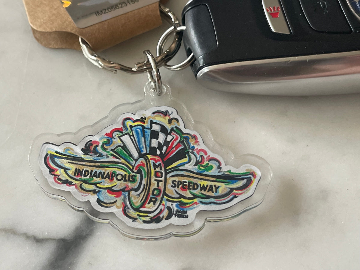 Indianapolis Motor Speedway Wing and Wheel Acrylic Keychain by Justin Patten (IMS, INDY 500, Racing Fan, Indy Car)