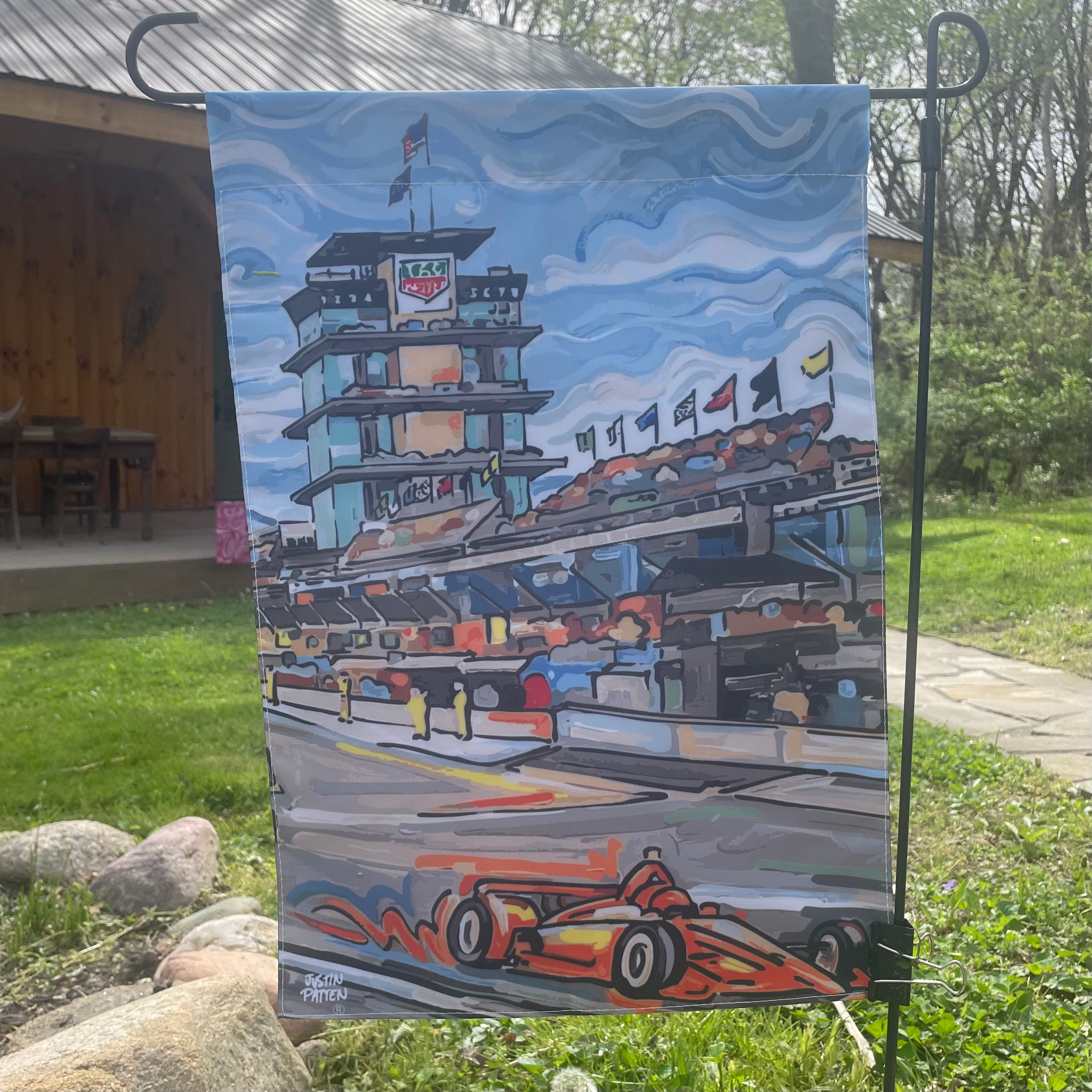 Indianapolis Motor Speedway Straightaway Garden Flag (12”x18” in.) by Justin Patten (IMS, Indy 500, Pagoda, Wing and Wheel)