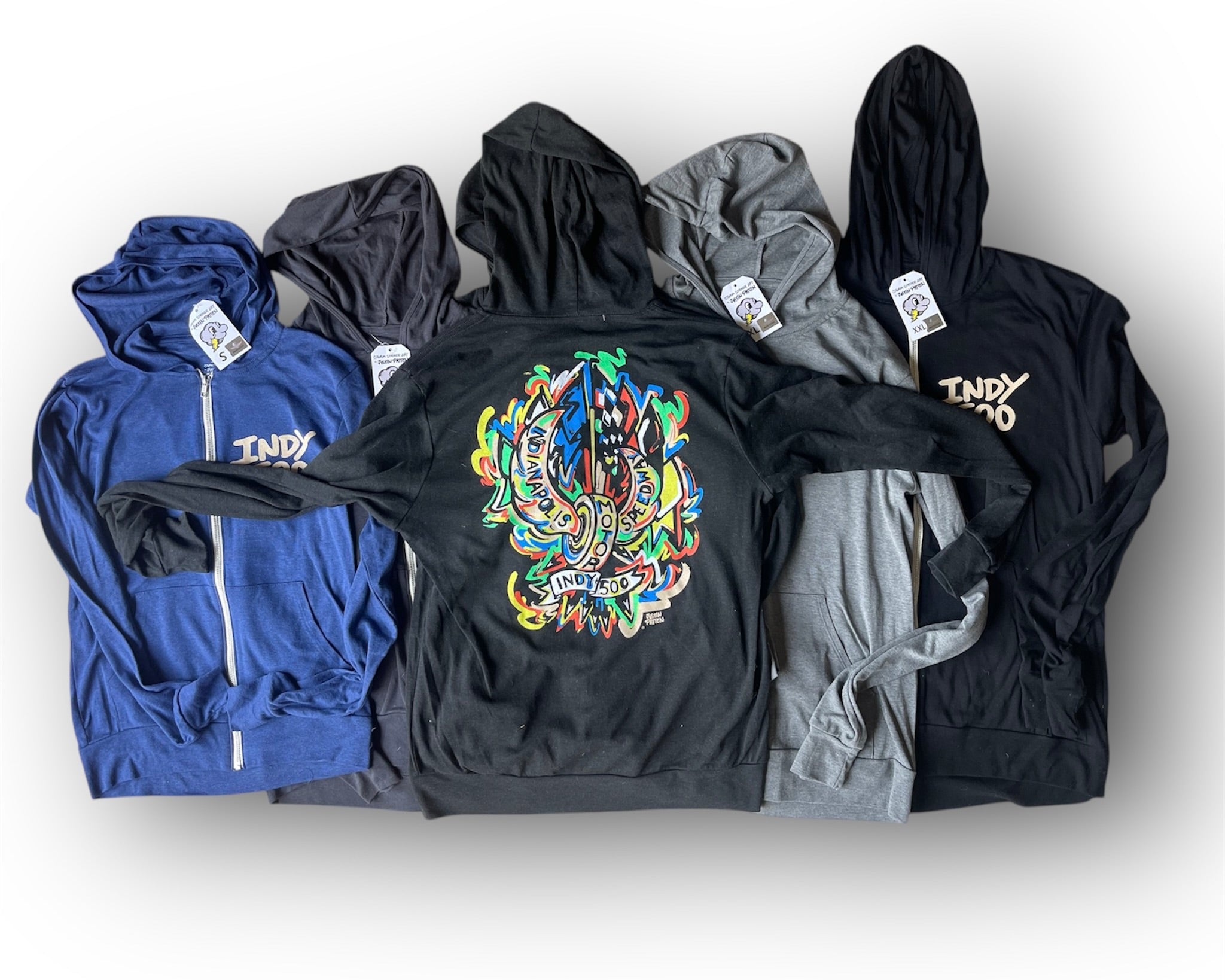 Indianapolis Motor Speedway Motion Wing and Wheel Long Sleeve Hooded Zip Up Tee by Justin Patten (IMS, lightweight, INDY 500)