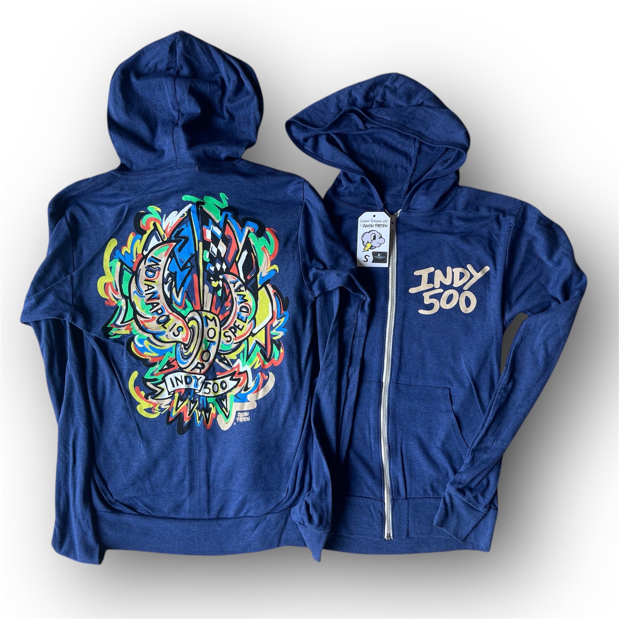 Indianapolis Motor Speedway Motion Wing and Wheel Long Sleeve Hooded Zip Up Tee by Justin Patten (IMS, lightweight, INDY 500)