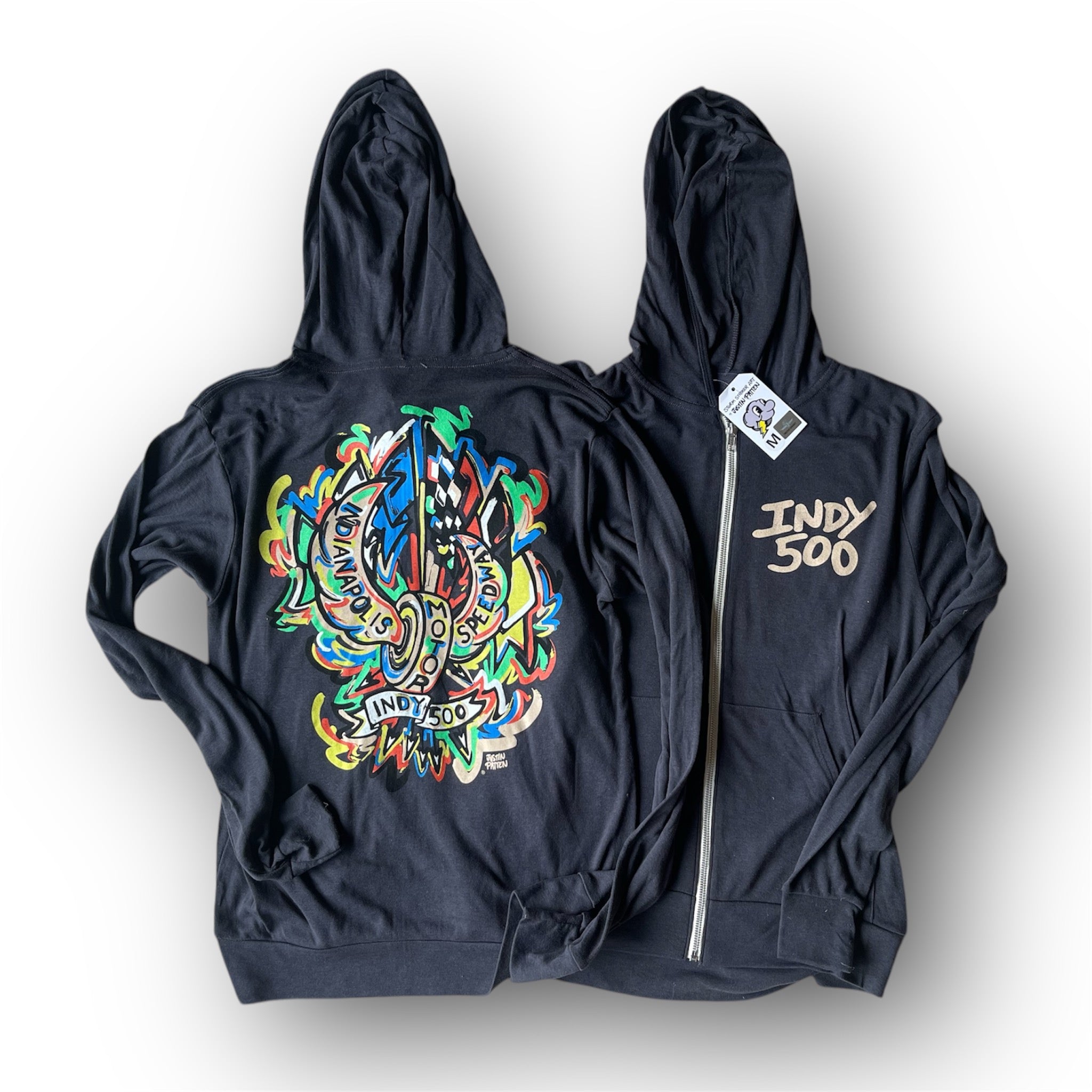 Indianapolis Motor Speedway Motion Wing and Wheel Long Sleeve Hooded Zip Up Tee by Justin Patten (IMS, lightweight, INDY 500)