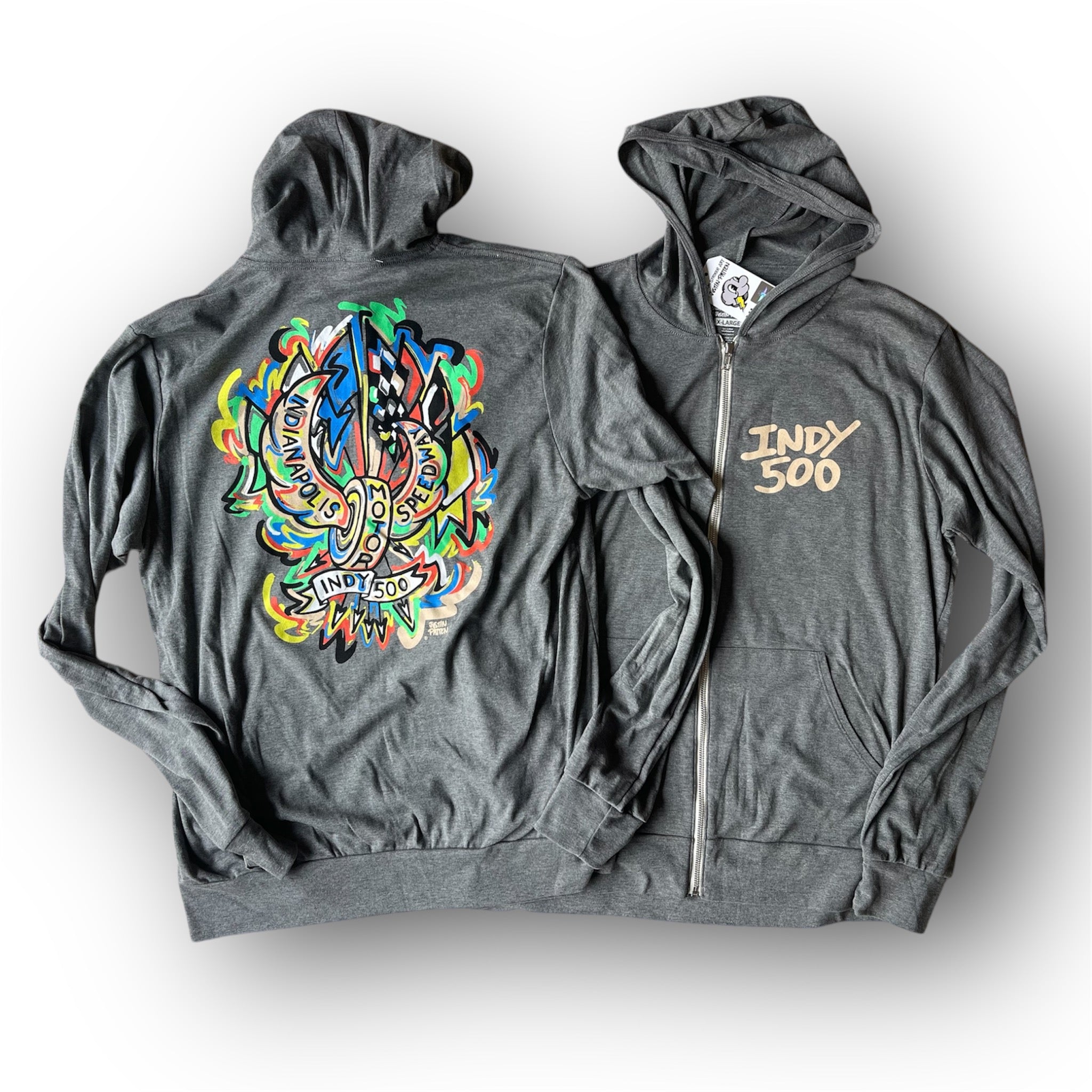 Indianapolis Motor Speedway Motion Wing and Wheel Long Sleeve Hooded Zip Up Tee by Justin Patten (IMS, lightweight, INDY 500)