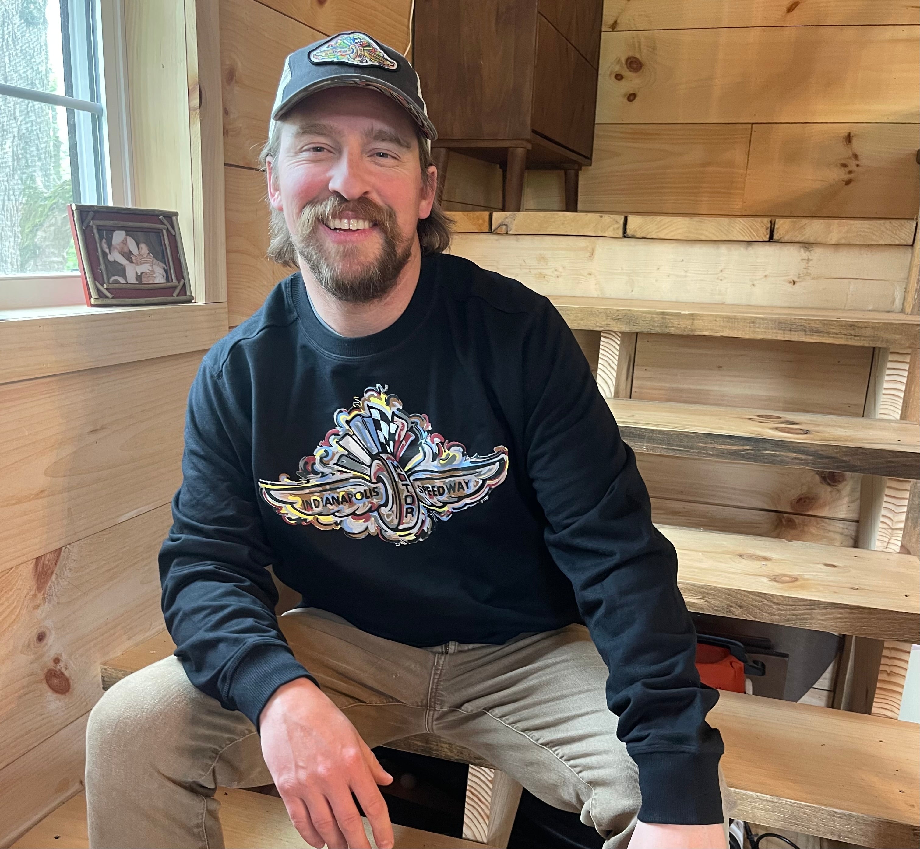 Indianapolis Motor Speedway Wing and Wheel Black Unisex Crew by Justin Patten