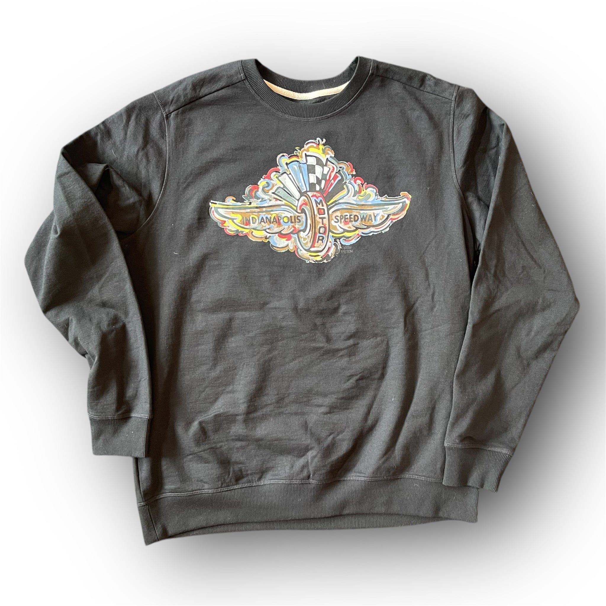 Indianapolis Motor Speedway Wing and Wheel Black Unisex Crew by Justin Patten