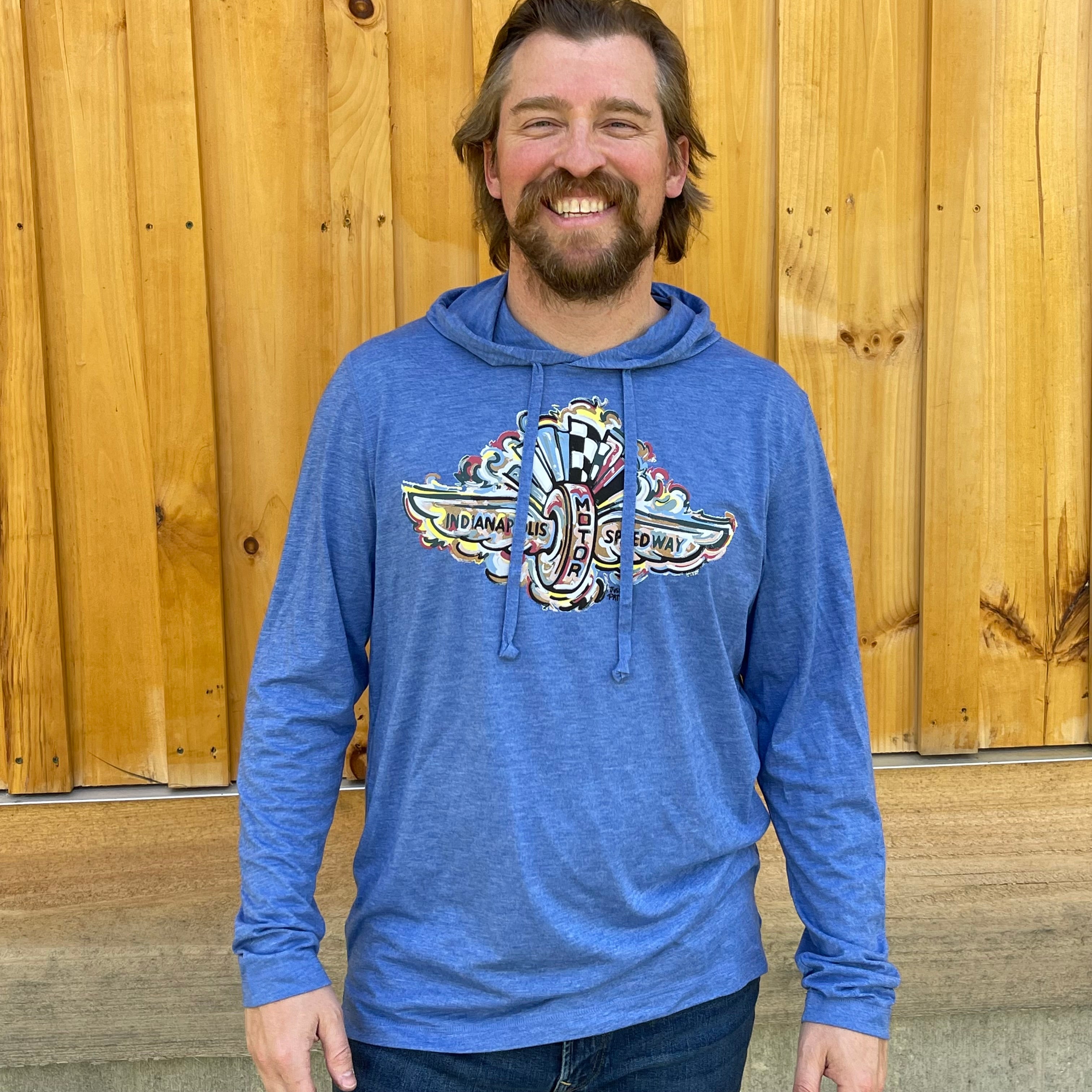 Indianapolis Motor Speedway Wing and Wheel Long Sleeve Hooded Tee by Justin Patten