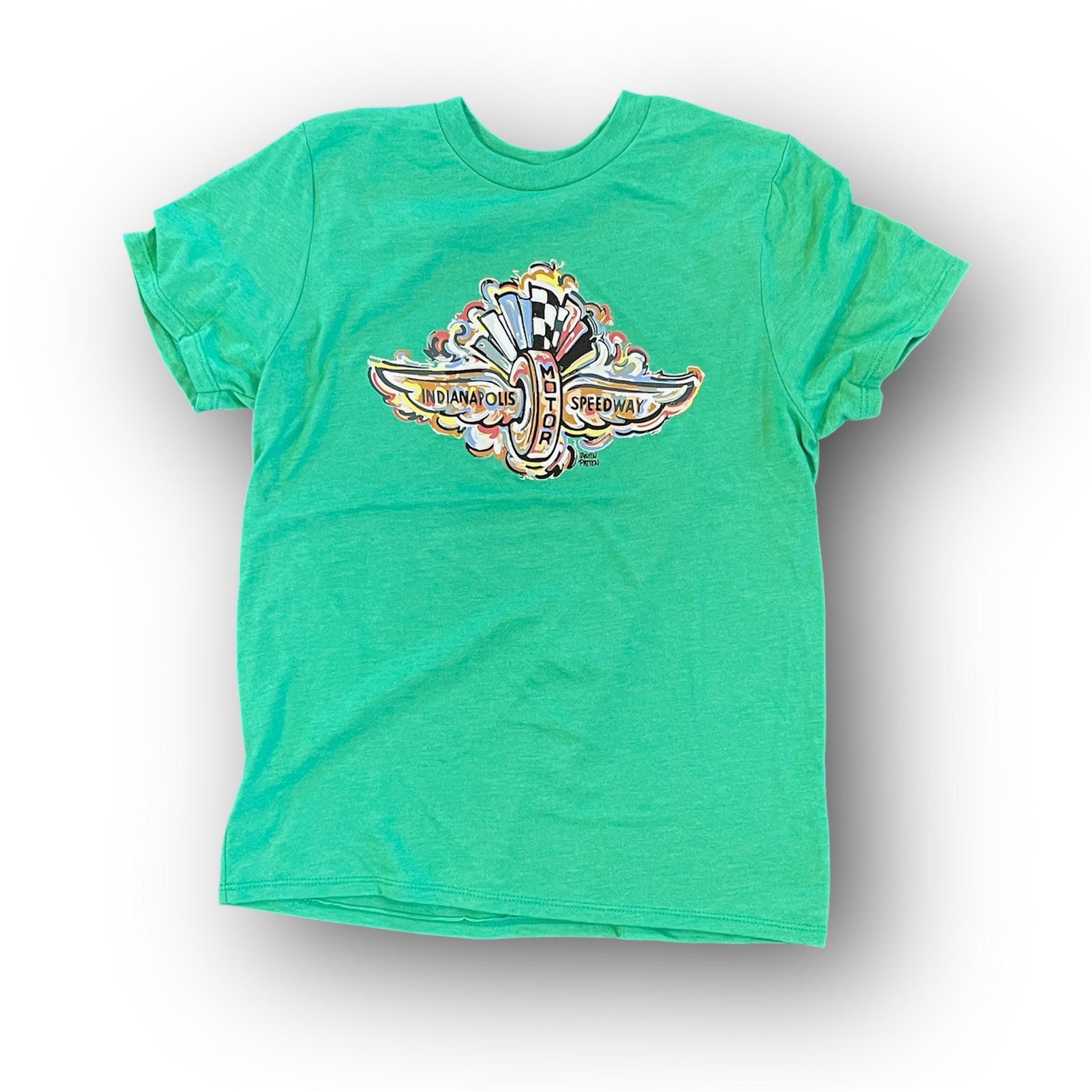 Indianapolis Motor Speedway Wing and Wheel Youth Tee by Justin Patten (Kelly Green Heather)